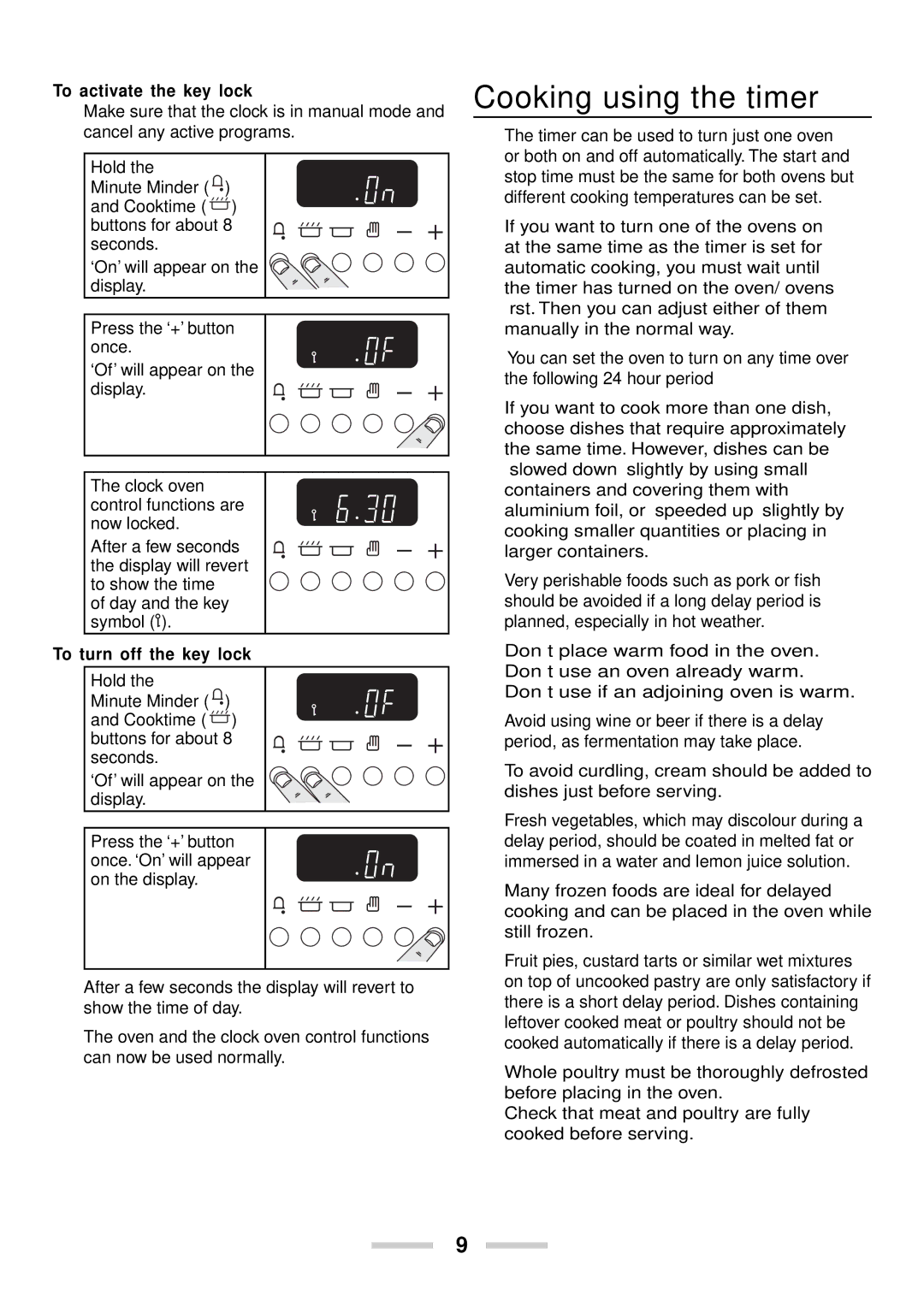 Rangemaster U102210-04 manual Cooking using the timer, To activate the key lock, To turn off the key lock 