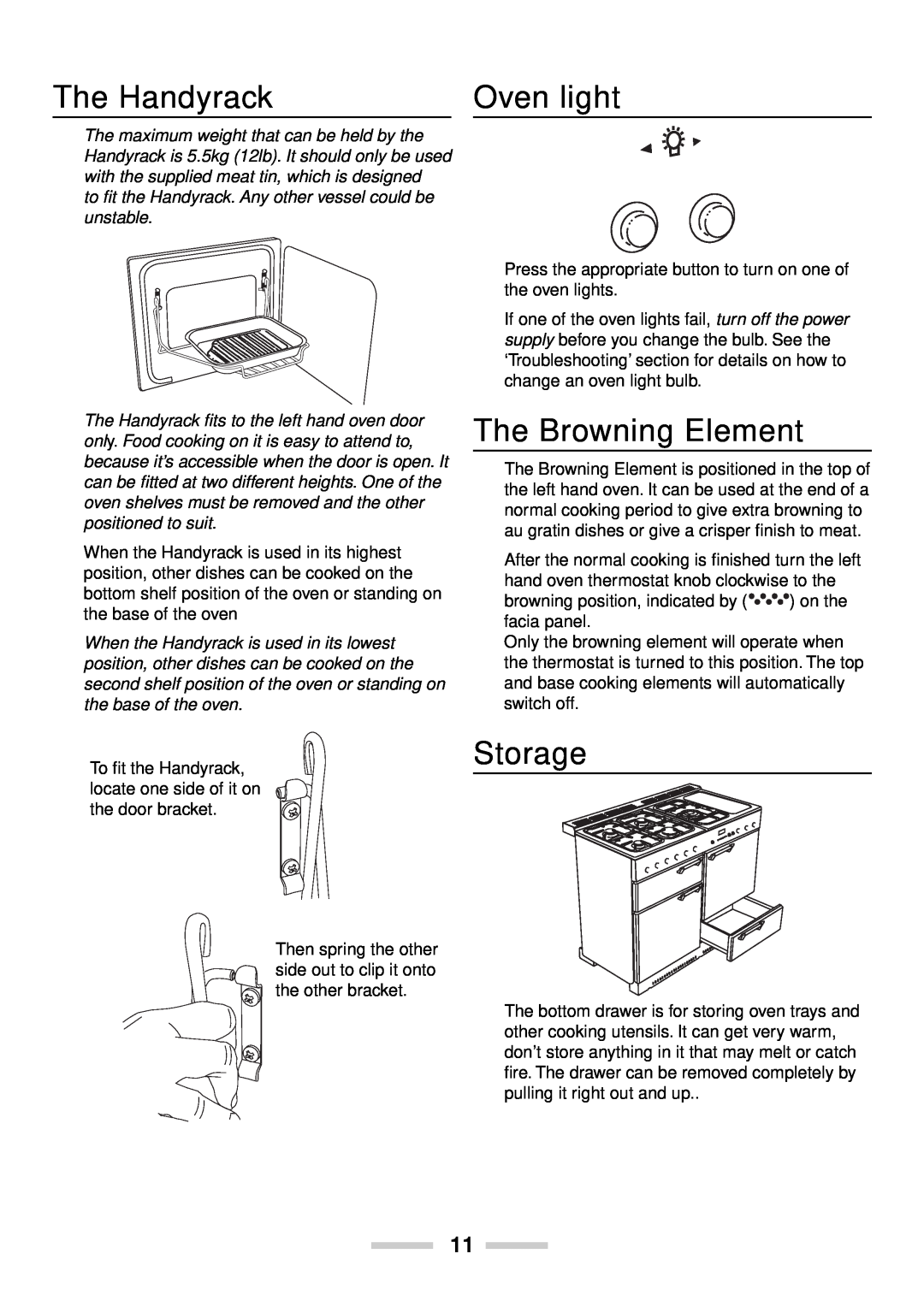 Rangemaster U102210-04 manual The Handyrack, Oven light, The Browning Element, Storage 