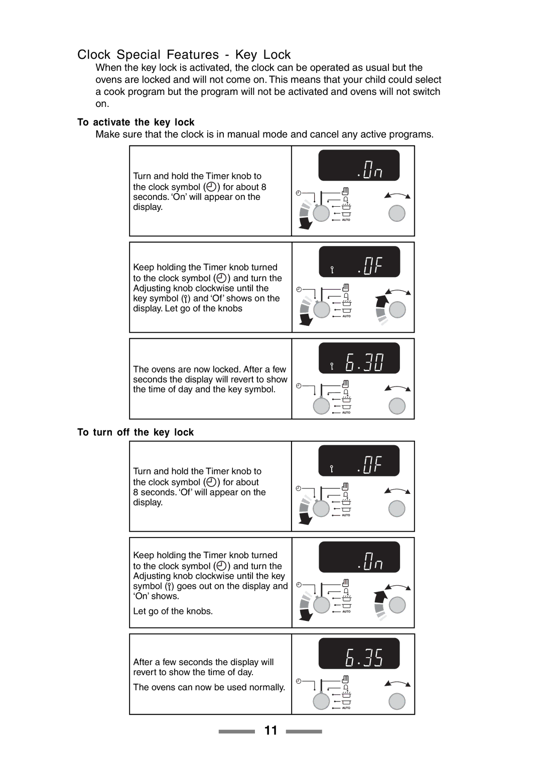 Rangemaster U105510-01 manual Clock Special Features Key Lock, To activate the key lock, To turn off the key lock 