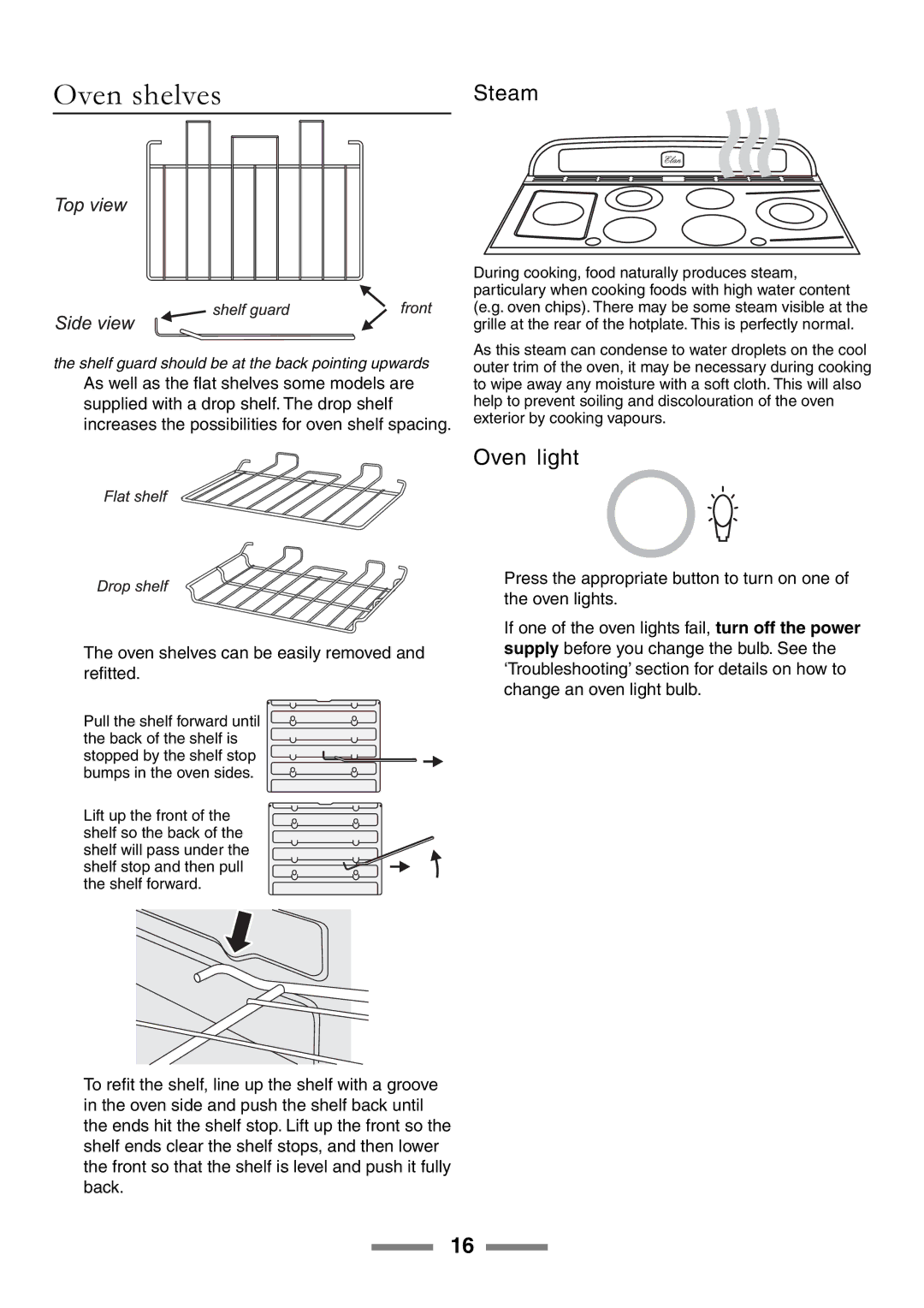 Rangemaster U105510-01 manual Oven shelves, Steam, Oven light 