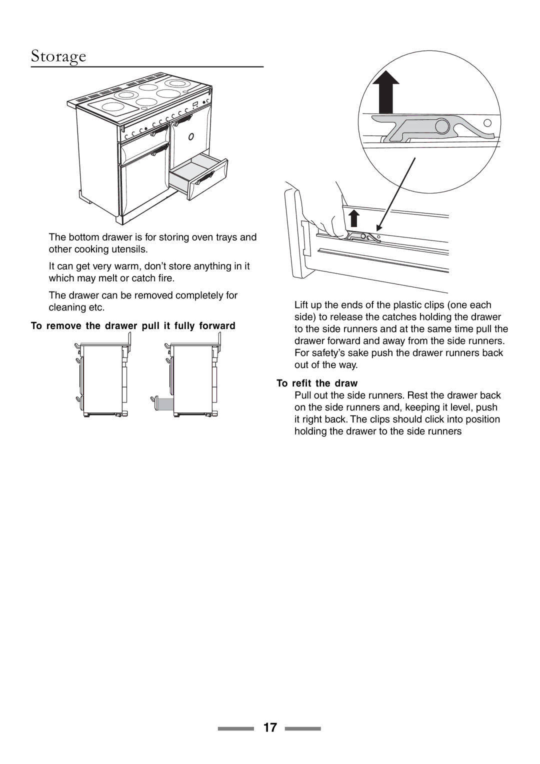 Rangemaster U105510-01 manual Storage, To remove the drawer pull it fully forward, To refit the draw 