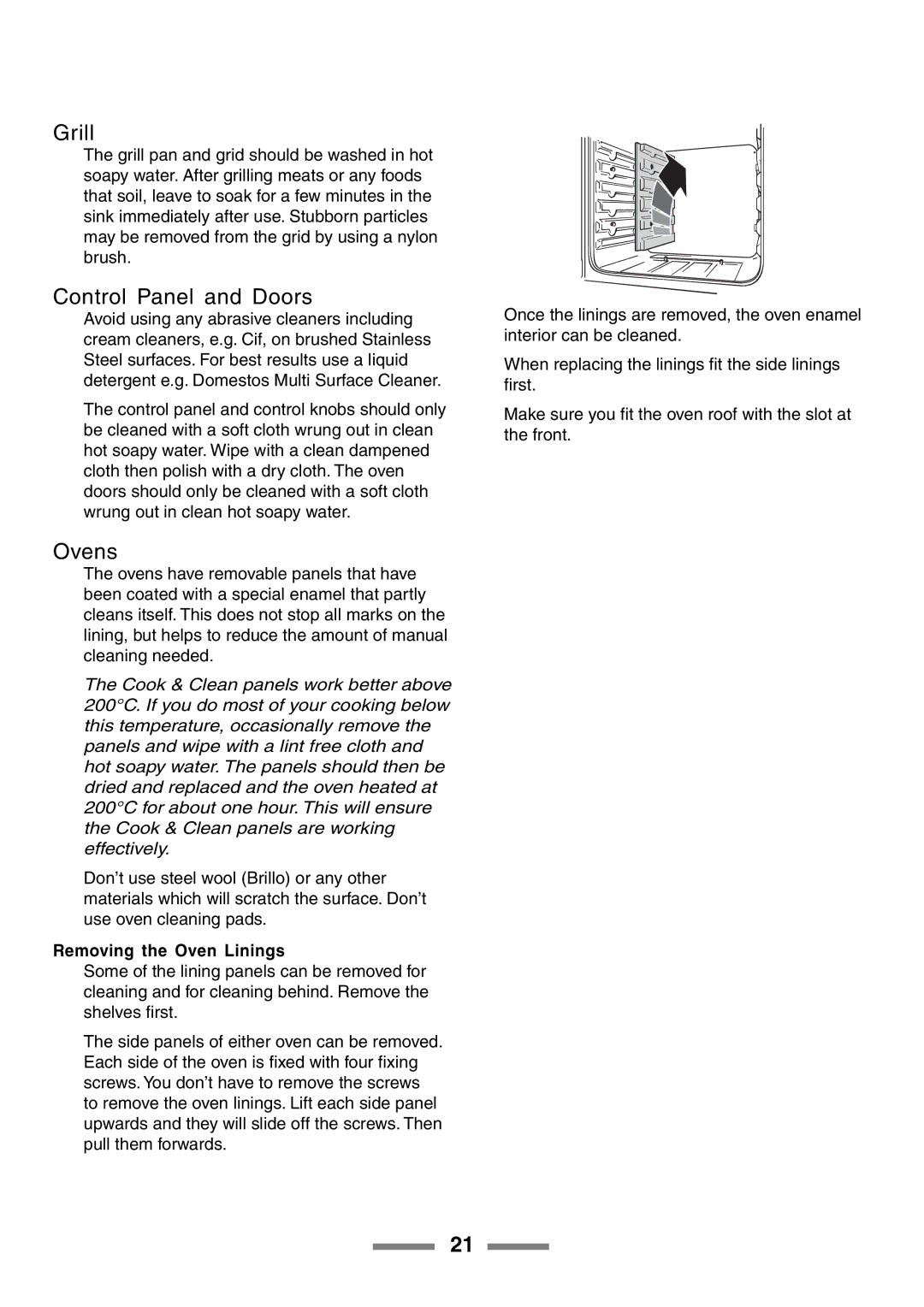 Rangemaster U105510-01 manual Control Panel and Doors, Removing the Oven Linings 