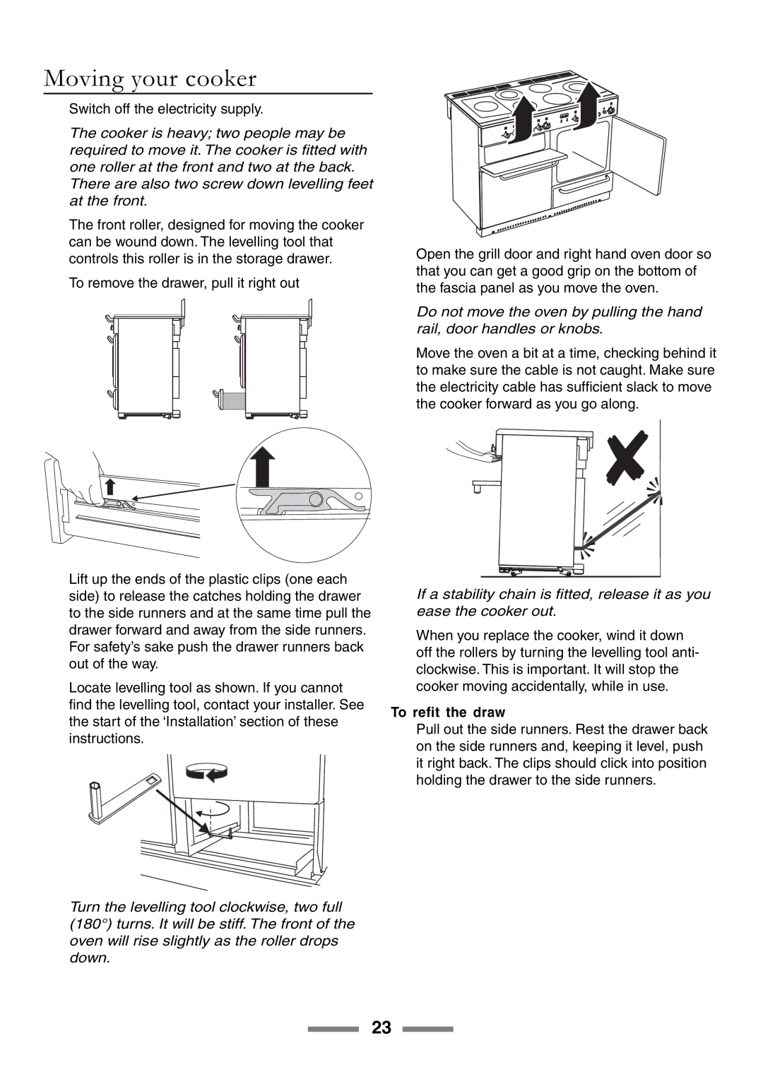 Rangemaster U105510-01 manual Moving your cooker, To refit the draw 