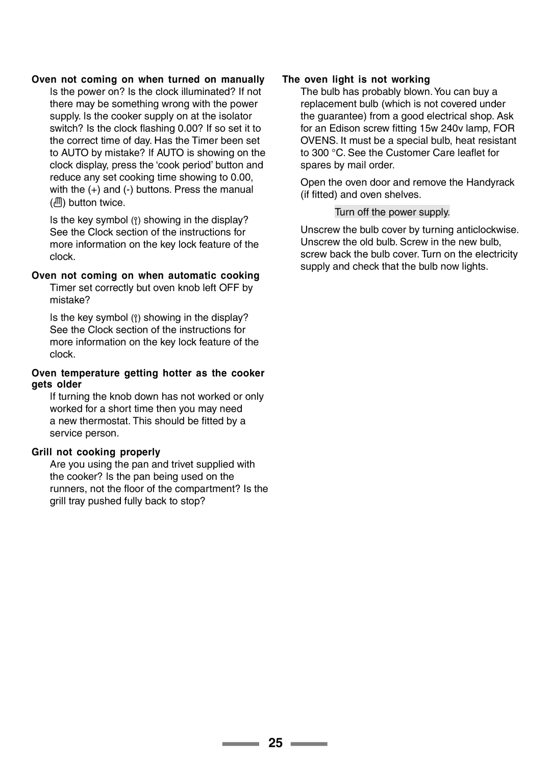 Rangemaster U105510-01 manual Oven temperature getting hotter as the cooker gets older, Grill not cooking properly 