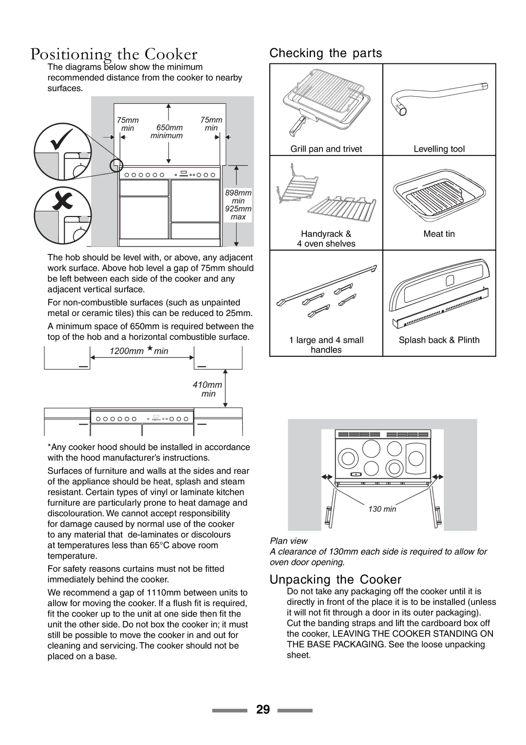 Rangemaster U105510-01 manual Positioning the Cooker, Checking the parts, Unpacking the Cooker 