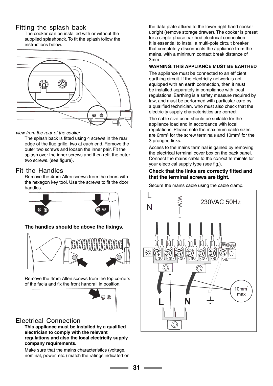 Rangemaster U105510-01 Fitting the splash back, Fit the Handles, Electrical Connection, Handles should be above the ﬁxings 