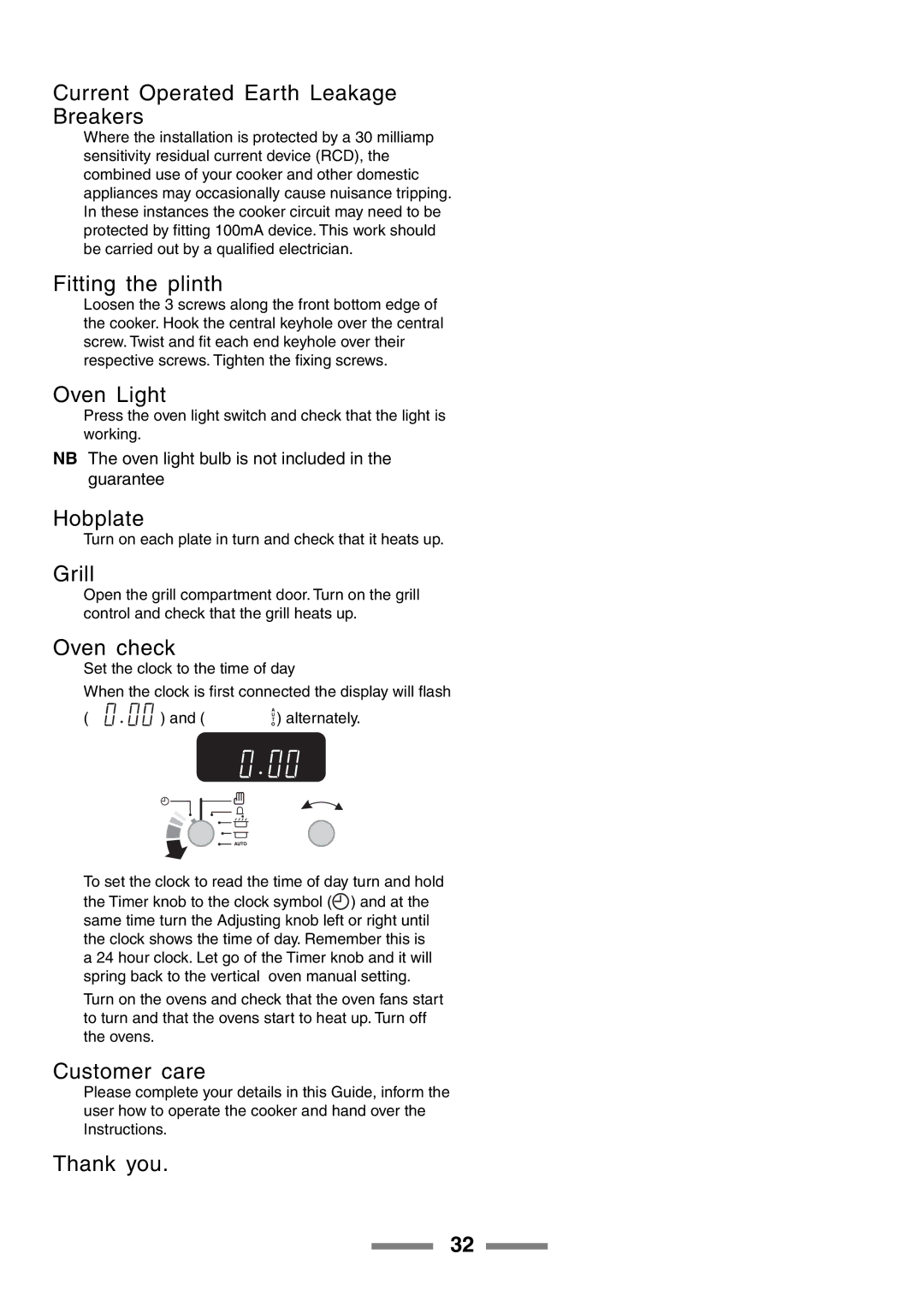 Rangemaster U105510-01 manual Current Operated Earth Leakage Breakers, Fitting the plinth, Oven check, Customer care 