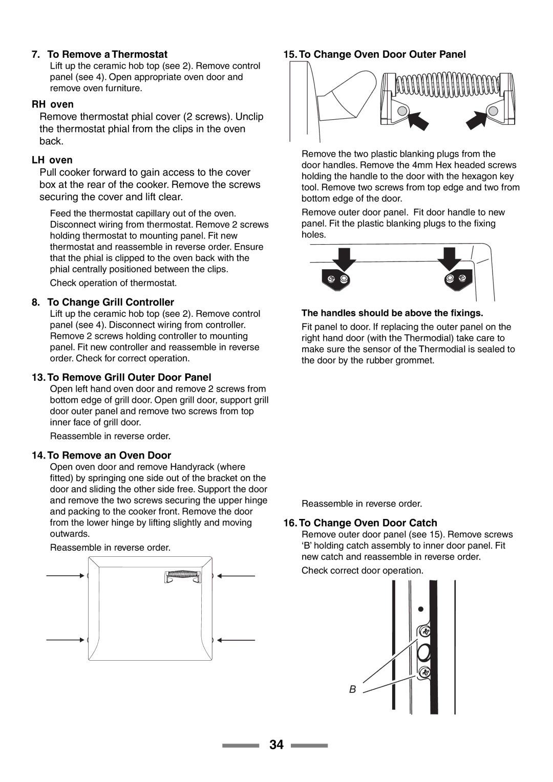 Rangemaster U105510-01 manual To Remove a Thermostat, RH oven, LH oven, To Change Grill Controller, To Remove an Oven Door 