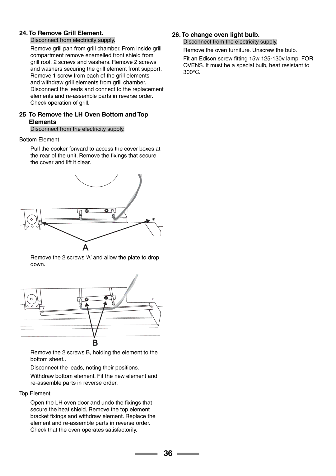 Rangemaster U105510-01 To Remove Grill Element, To Remove the LH Oven Bottom and Top Elements, To change oven light bulb 