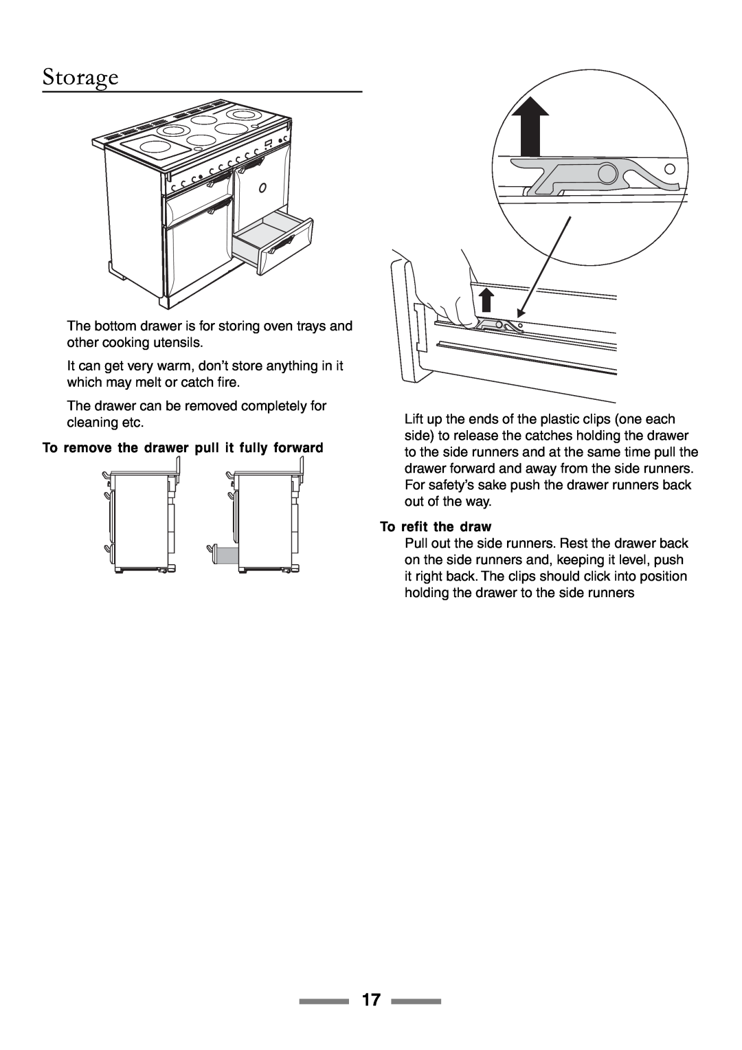 Rangemaster U105510-01 manual Storage, To remove the drawer pull it fully forward, To refit the draw 