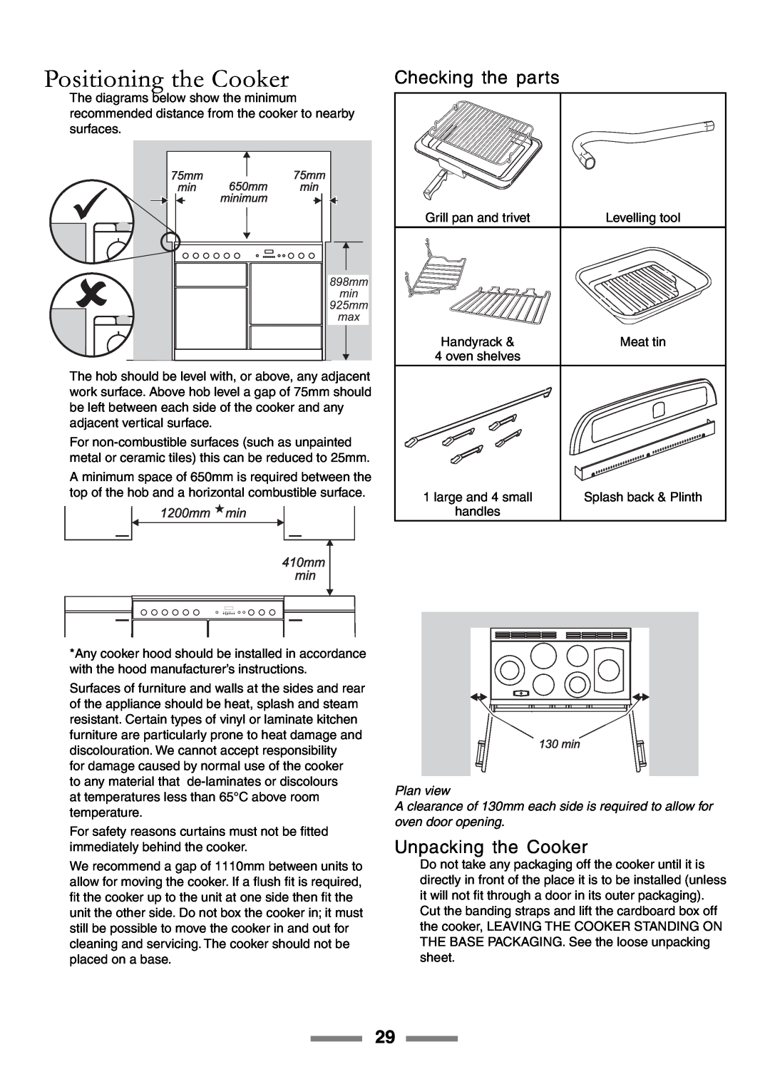 Rangemaster U105510-01 manual Positioning the Cooker, Checking the parts, Unpacking the Cooker, Plan view 