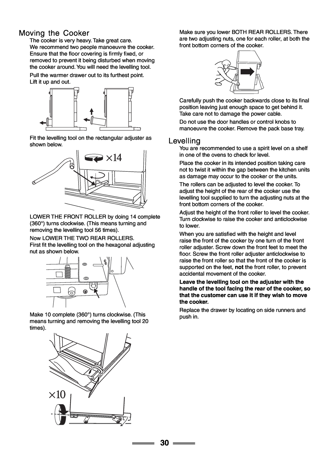 Rangemaster U105510-01 manual Moving the Cooker, Levelling 