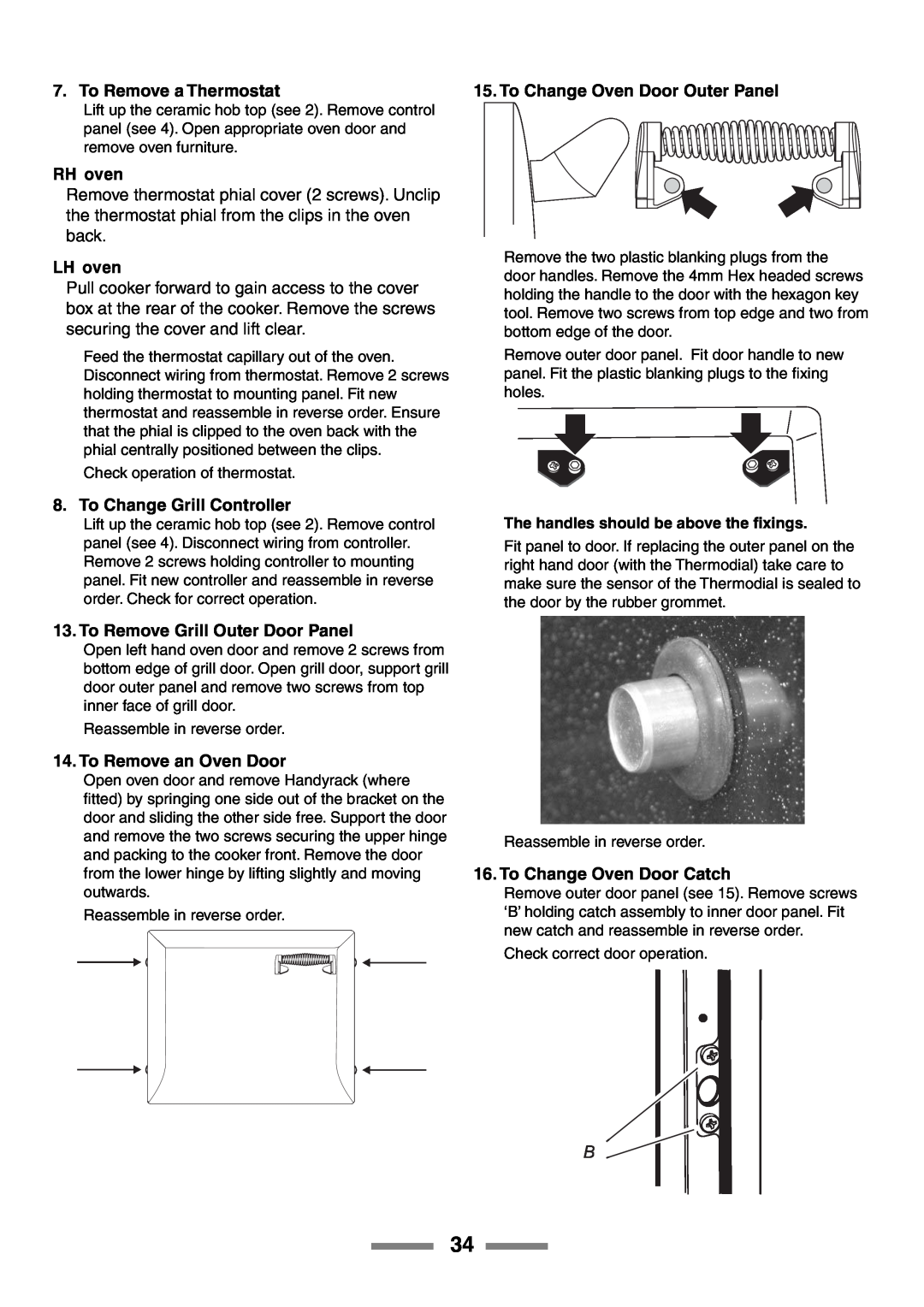 Rangemaster U105510-01 manual To Remove a Thermostat, RH oven, LH oven, To Change Grill Controller, To Remove an Oven Door 
