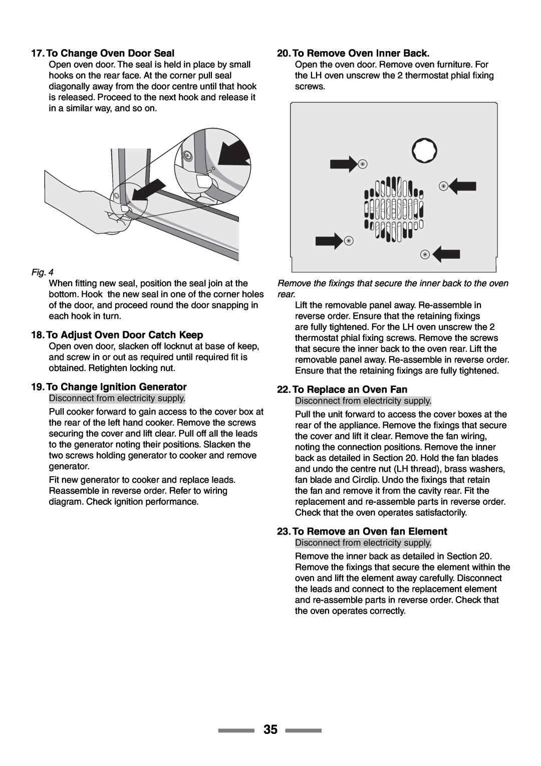 Rangemaster U105510-01 manual To Change Oven Door Seal, To Adjust Oven Door Catch Keep, To Remove Oven Inner Back 