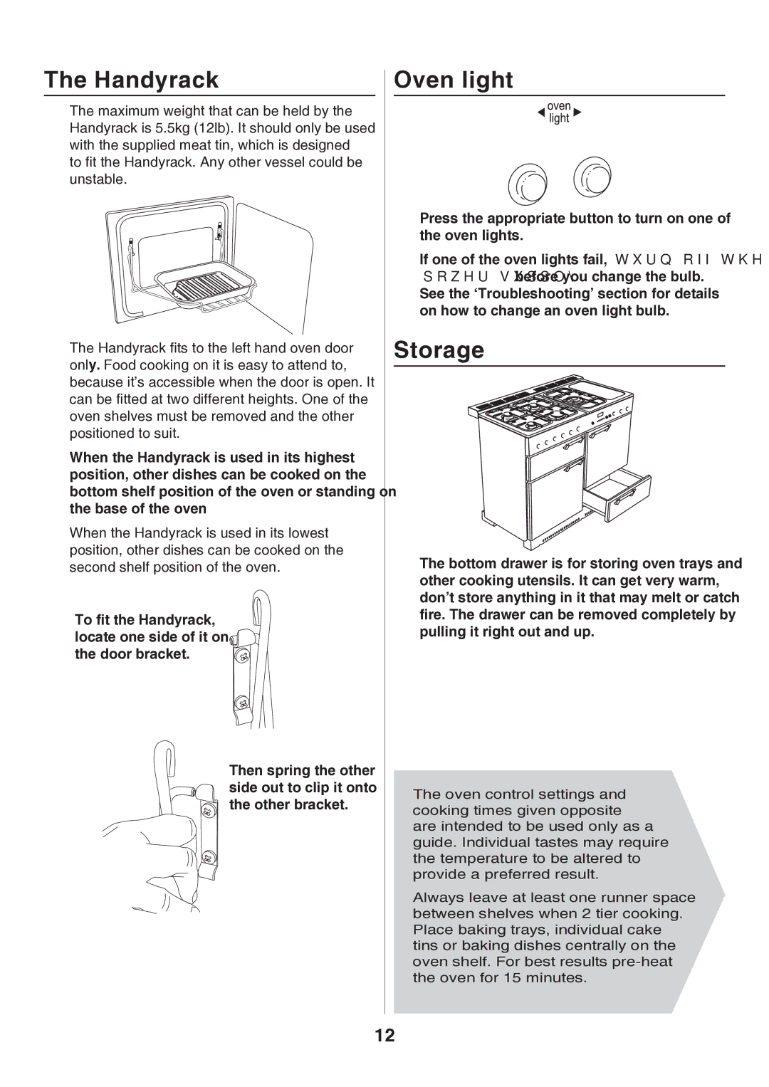 Rangemaster U106140-05 manual Handyrack, Oven light, Storage 