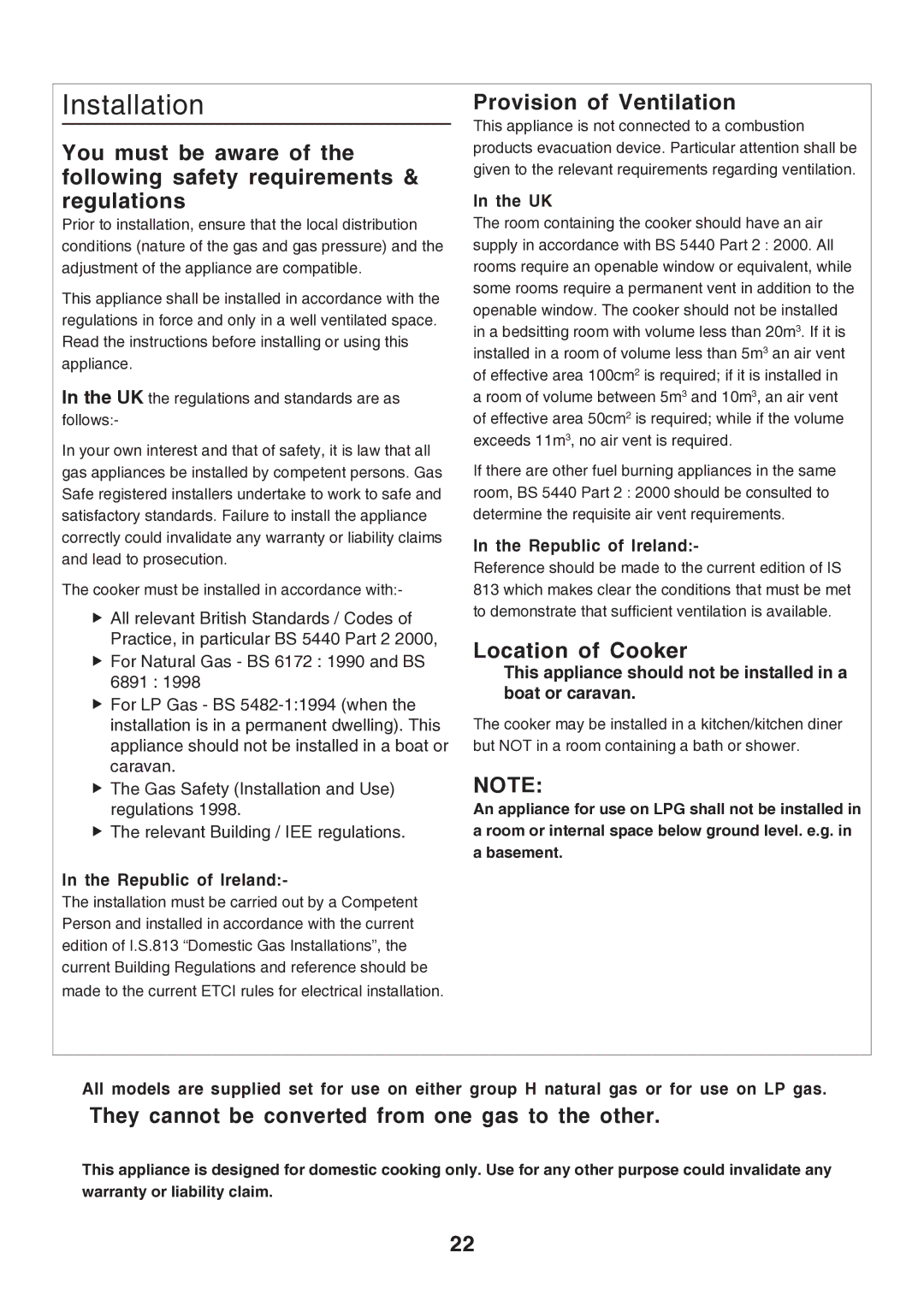 Rangemaster U106140-05 manual Installation, Provision of Ventilation, Location of Cooker, Republic of Ireland 