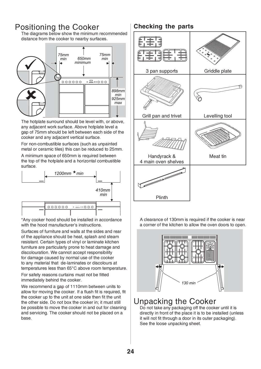 Rangemaster U106140-05 manual Positioning the Cooker, Unpacking the Cooker, Checking the parts 