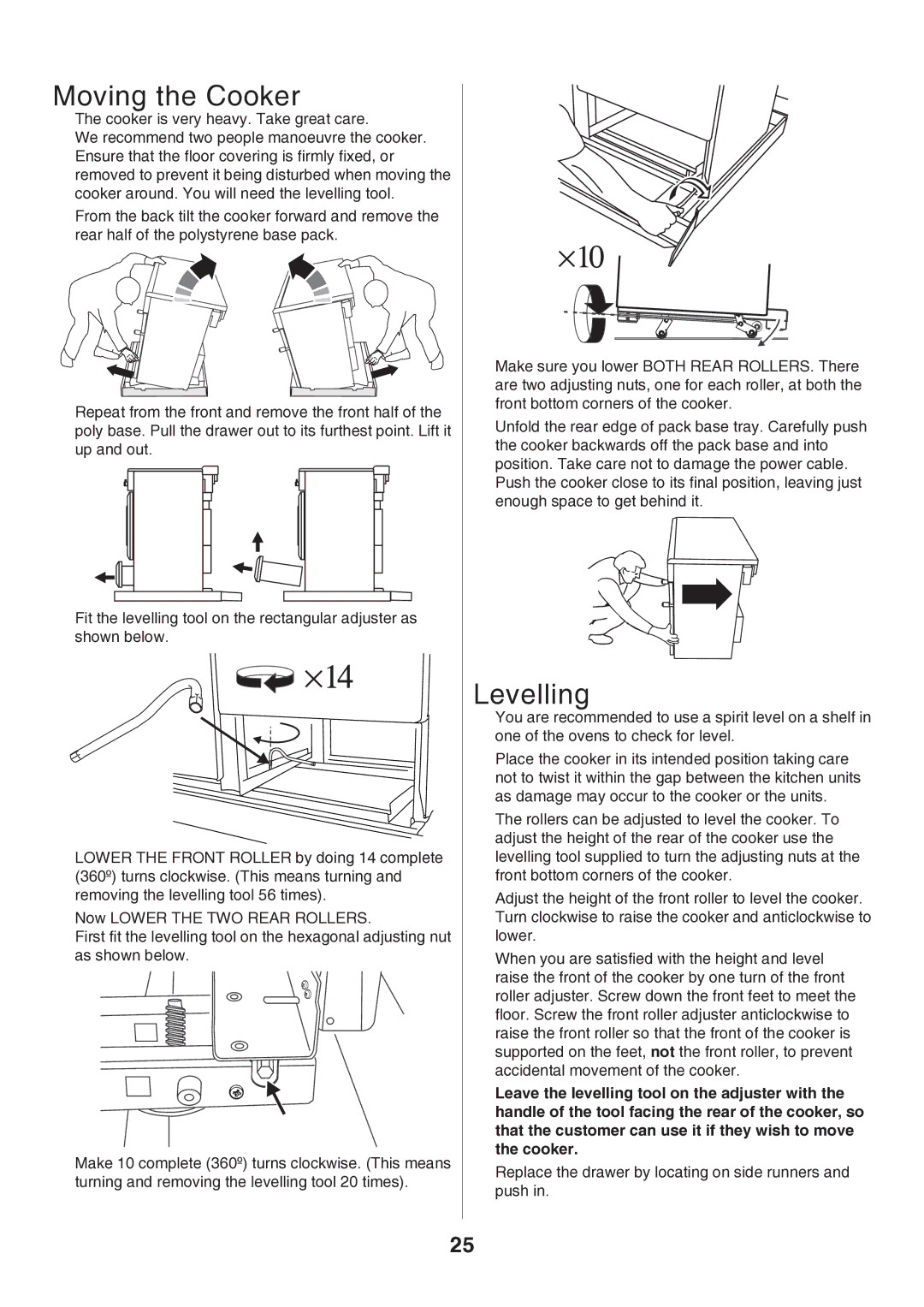 Rangemaster U106140-05 manual Moving the Cooker, Levelling 