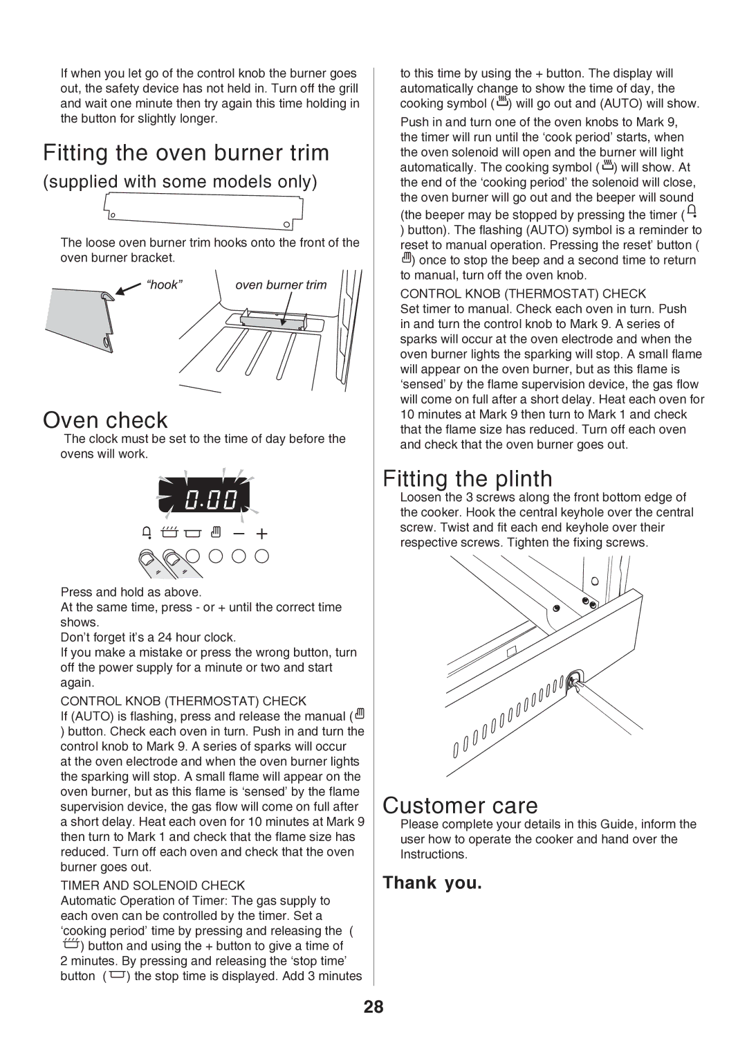 Rangemaster U106140-05 manual Fitting the oven burner trim, Oven check, Fitting the plinth, Customer care, Thank you 