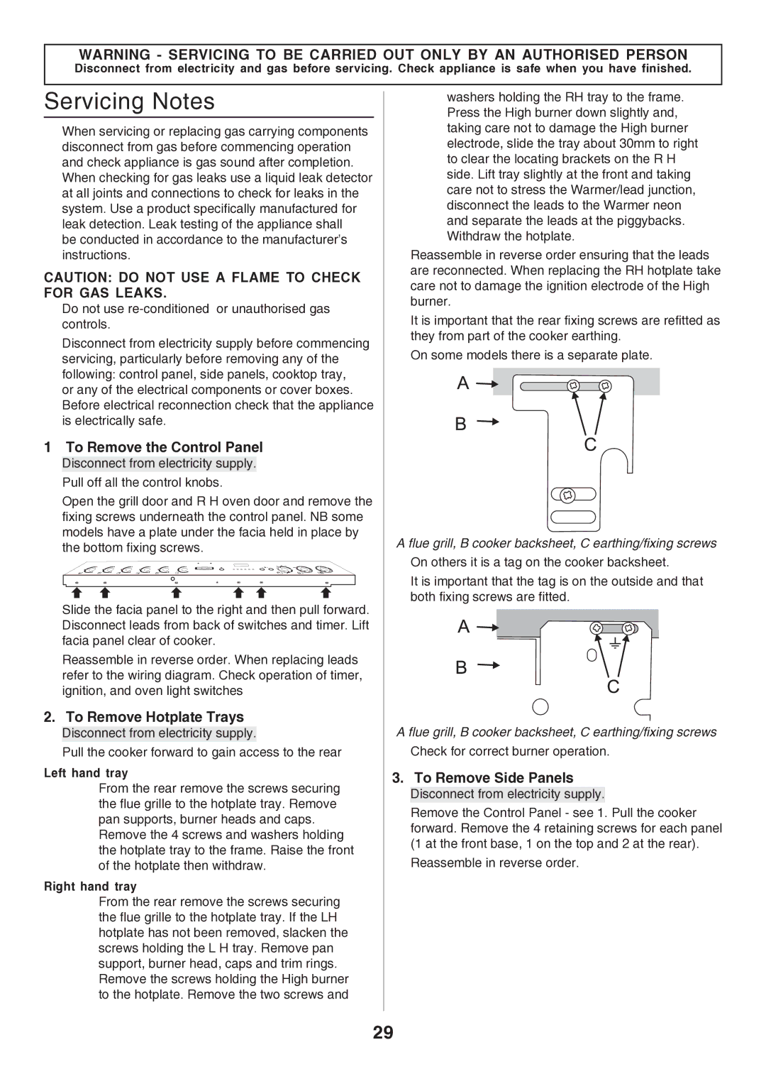 Rangemaster U106140-05 manual Servicing Notes, To Remove the Control Panel, To Remove Hotplate Trays, To Remove Side Panels 