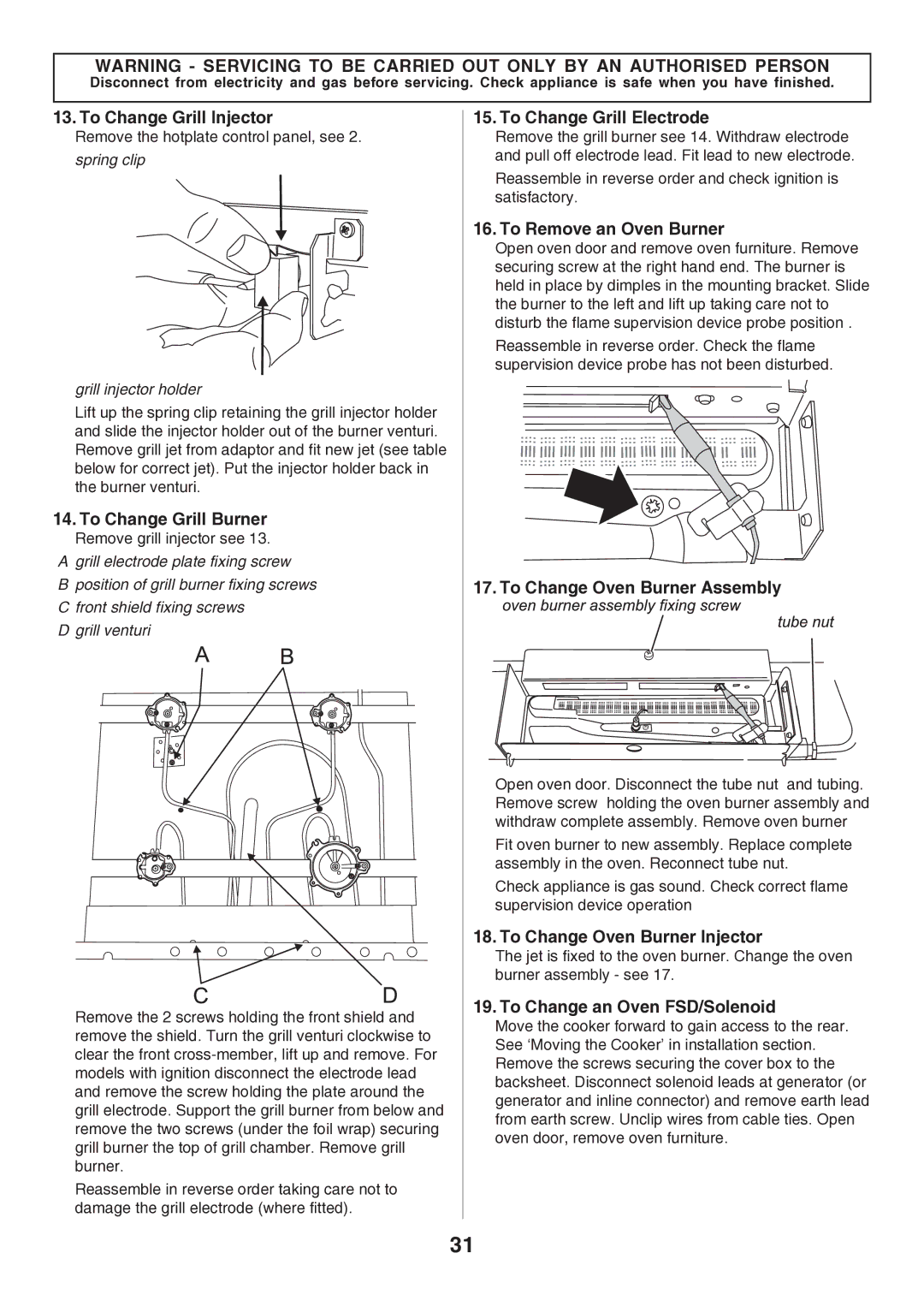 Rangemaster U106140-05 manual To Change Grill Injector, To Change Grill Burner, To Change Grill Electrode 