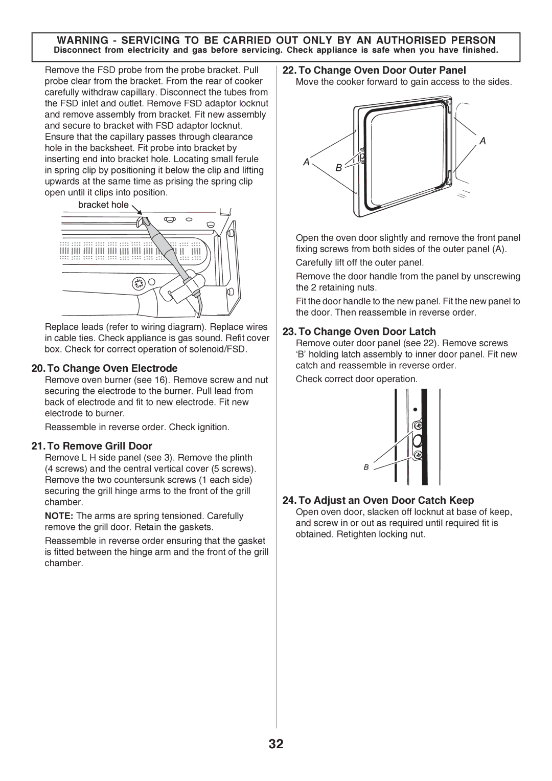 Rangemaster U106140-05 manual To Change Oven Electrode, To Remove Grill Door, To Change Oven Door Outer Panel 