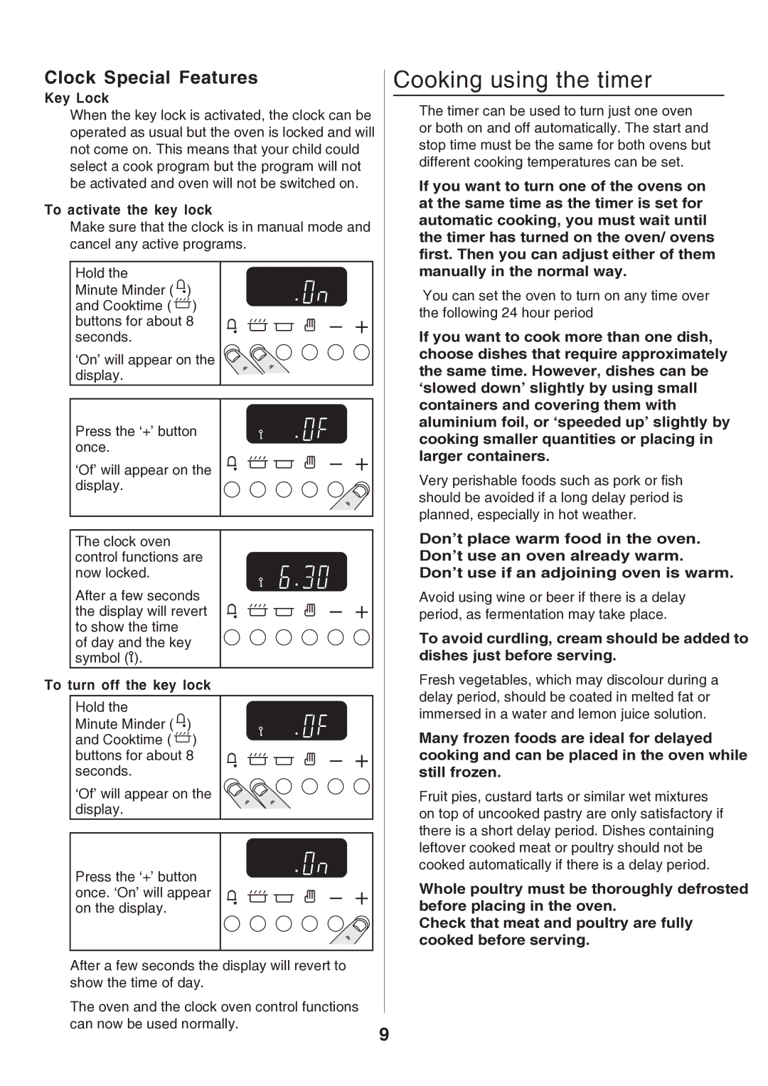 Rangemaster U106140-05 manual Cooking using the timer, Clock Special Features, Key Lock, To activate the key lock 