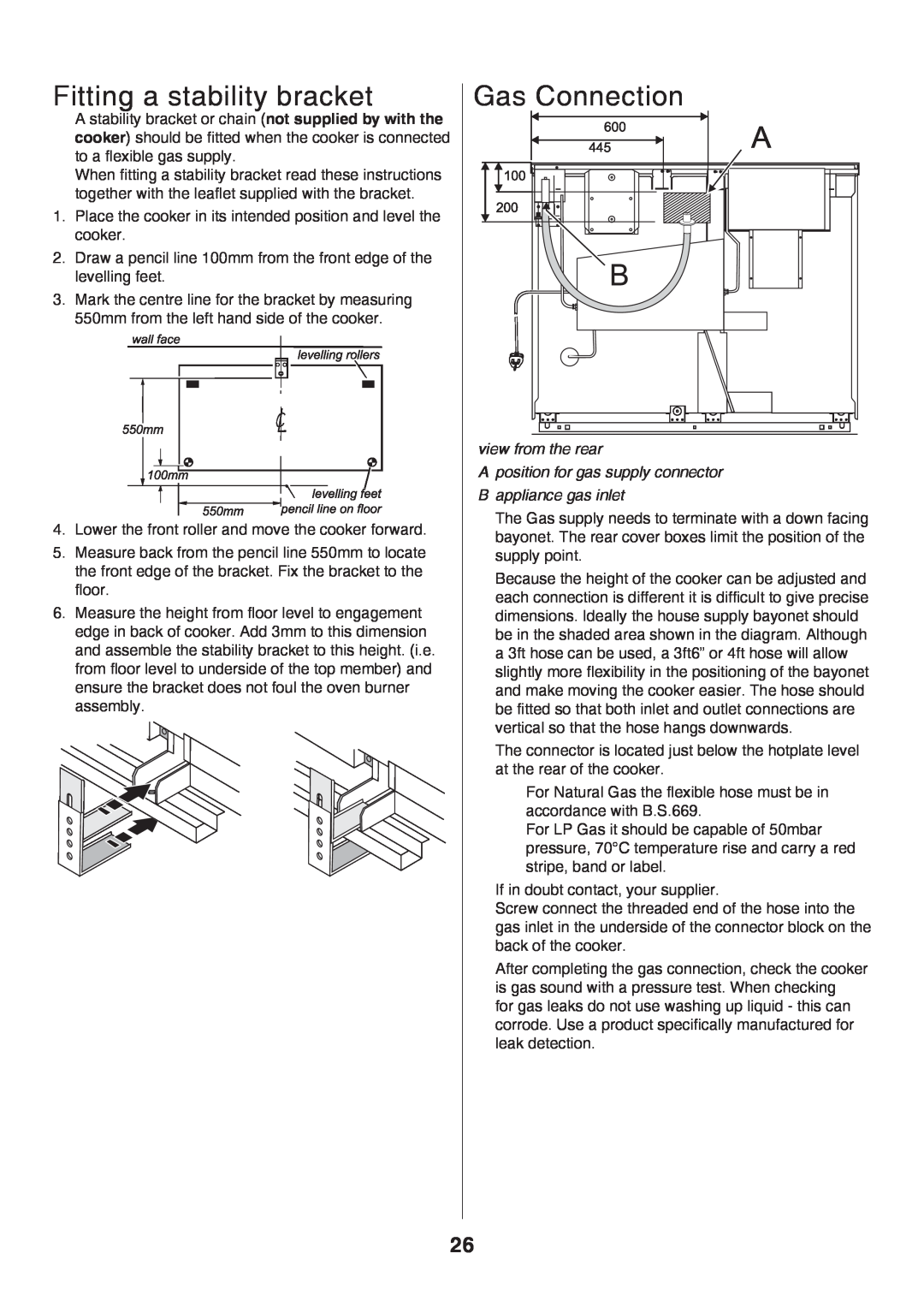 Rangemaster U106140-05 manual Fitting a stability bracket, Gas Connection, view from the rear 