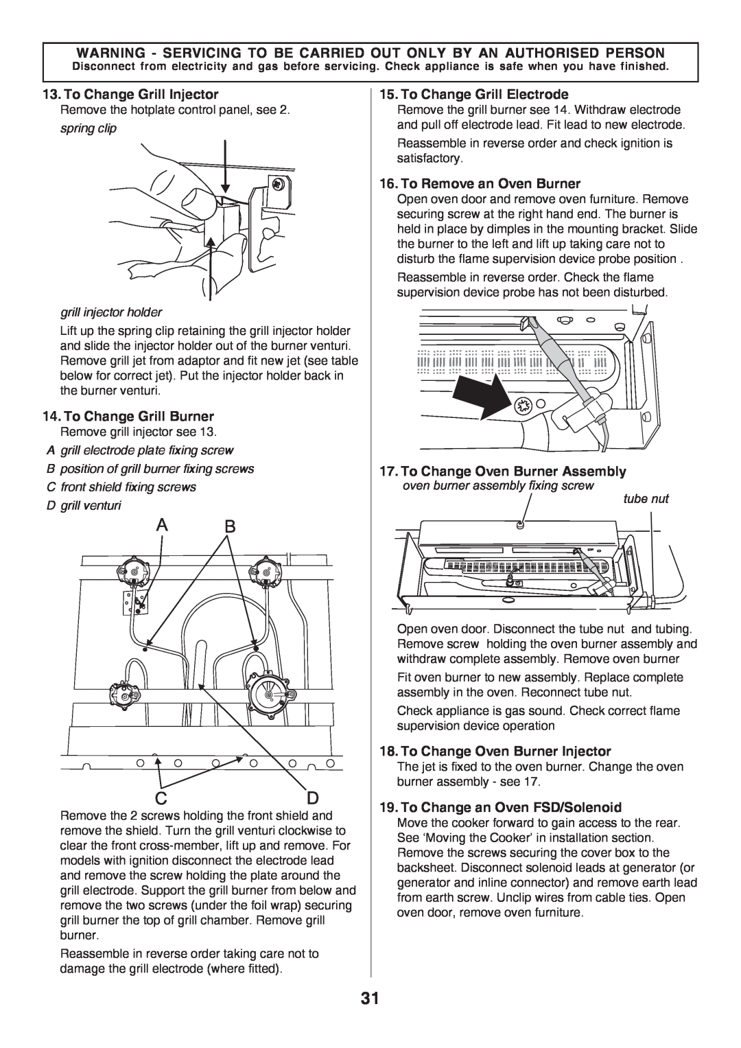 Rangemaster U106140-05 manual To Change Grill Injector, To Change Grill Burner, To Change Grill Electrode 