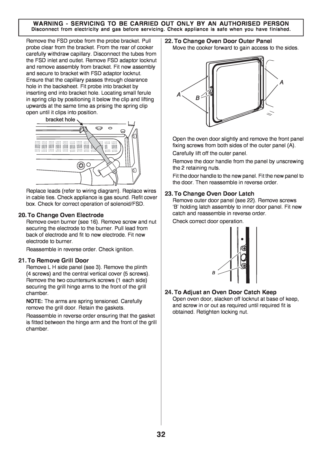 Rangemaster U106140-05 manual To Change Oven Electrode, To Remove Grill Door, To Change Oven Door Outer Panel 