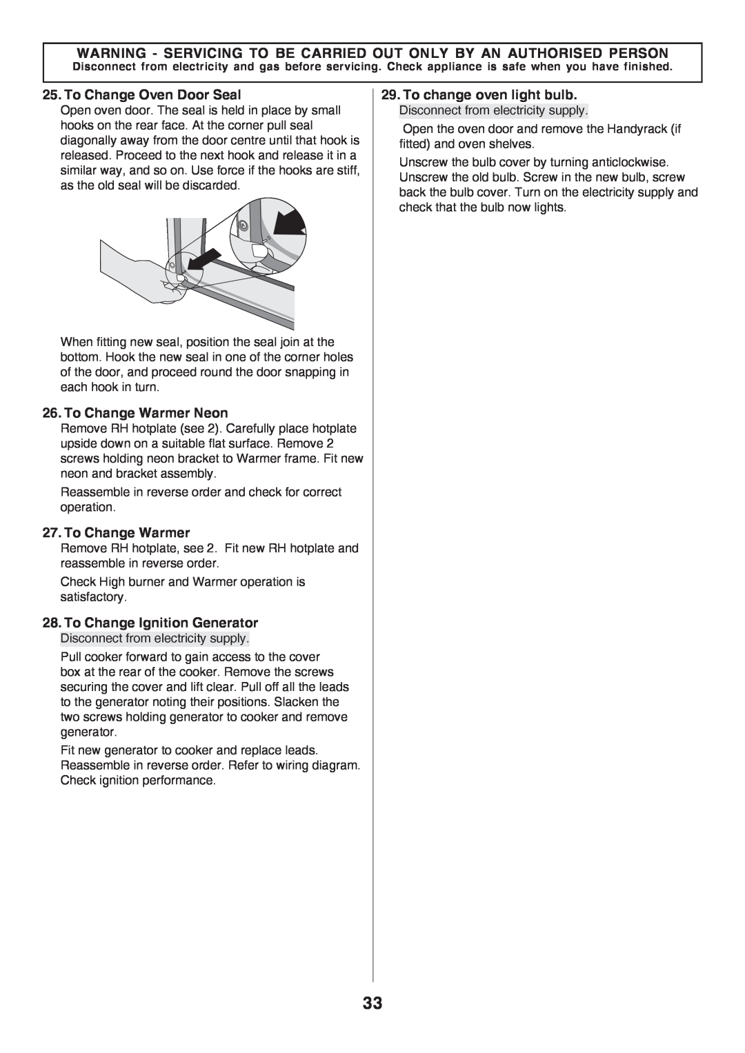 Rangemaster U106140-05 manual To Change Oven Door Seal, To Change Warmer Neon, To Change Ignition Generator 