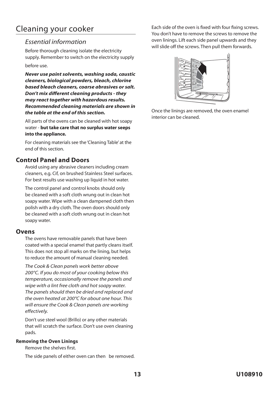 Rangemaster U108910-01 manual Cleaning your cooker, Control Panel and Doors, Removing the Oven Linings, Before use 