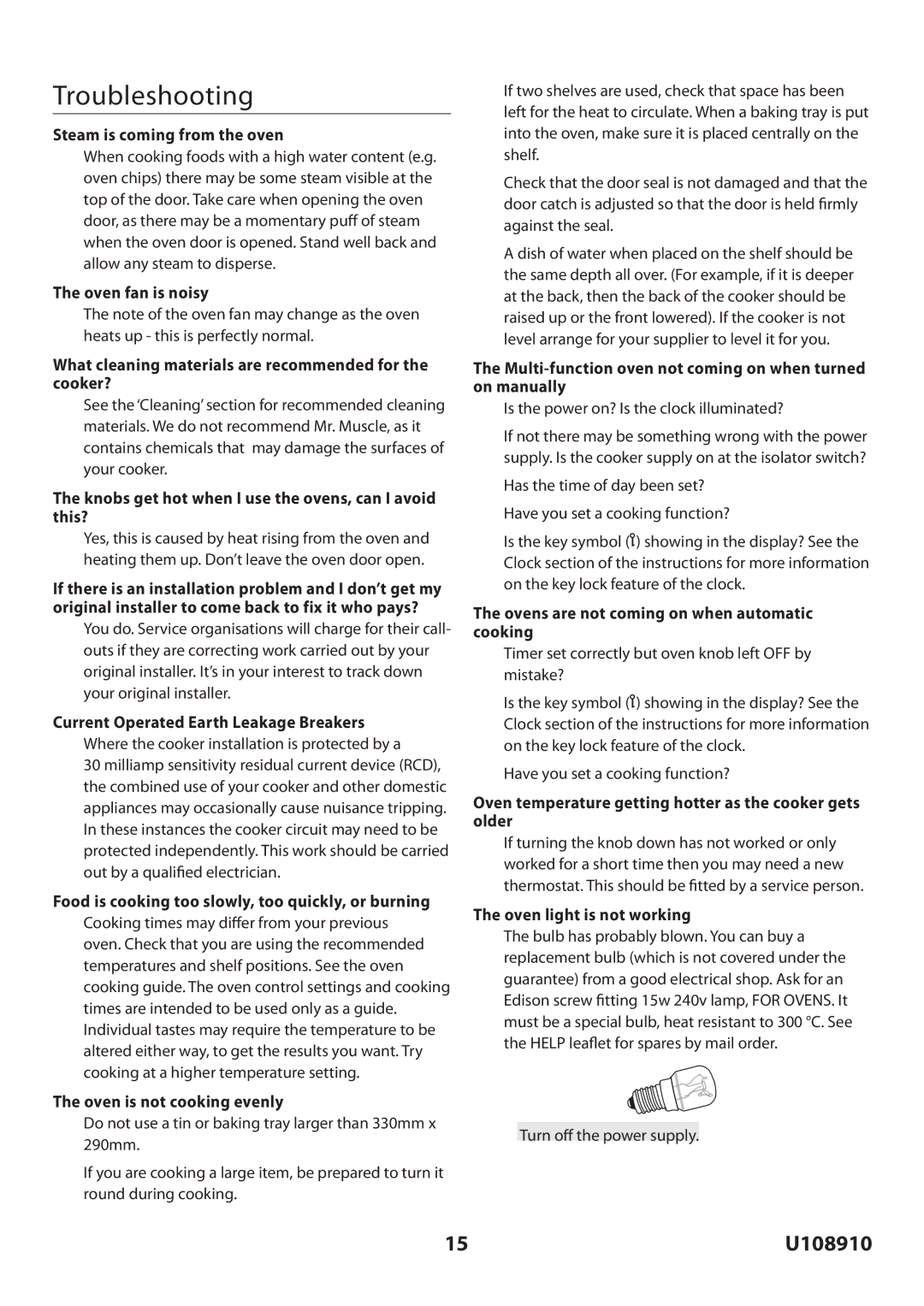 Rangemaster U108910-01 manual Troubleshooting 