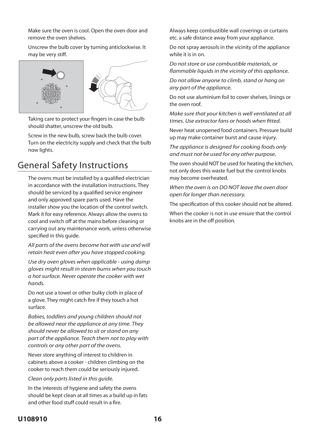 Rangemaster U108910-01 manual General Safety Instructions, Clean only parts listed in this guide 