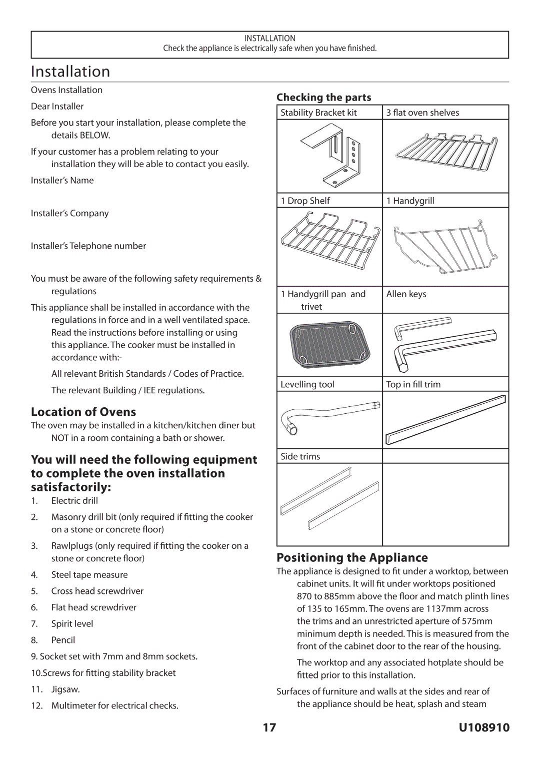 Rangemaster U108910-01 manual Installation, Location of Ovens, Positioning the Appliance, Stability Bracket kit 