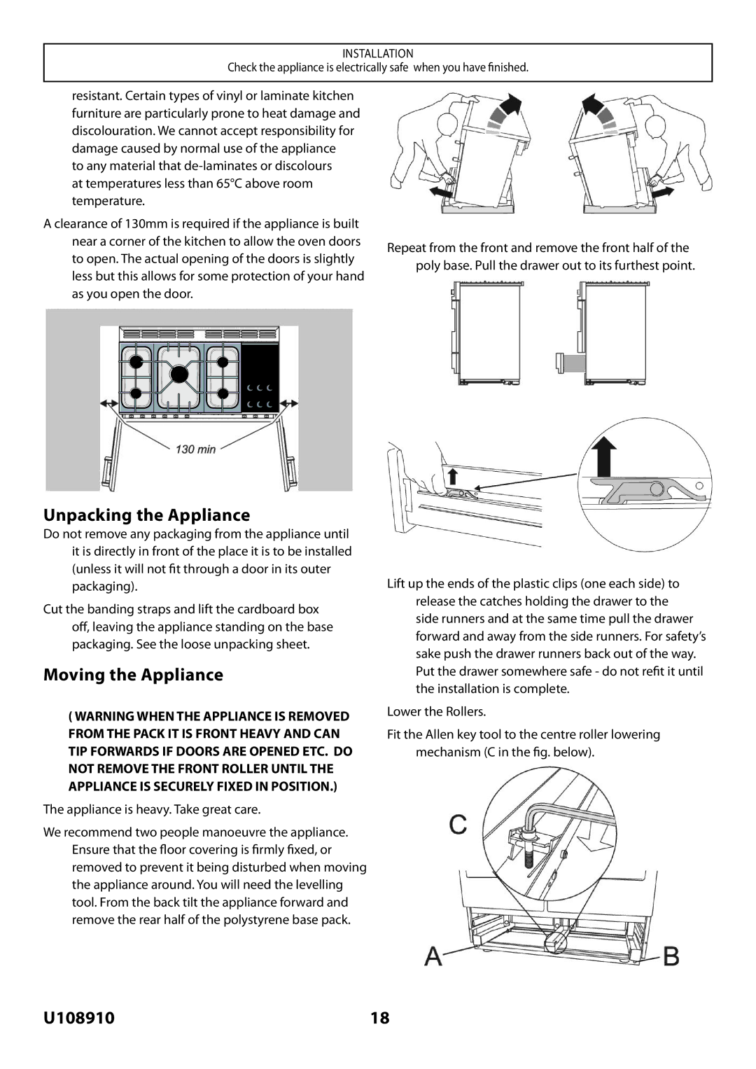 Rangemaster U108910-01 manual Unpacking the Appliance, Moving the Appliance, Appliance is heavy. Take great care 