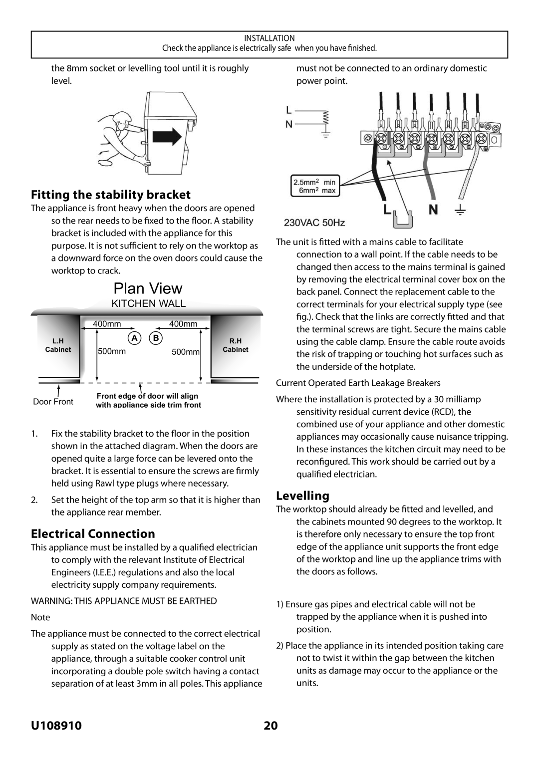 Rangemaster U108910-01 manual Fitting the stability bracket, Electrical Connection, Levelling 