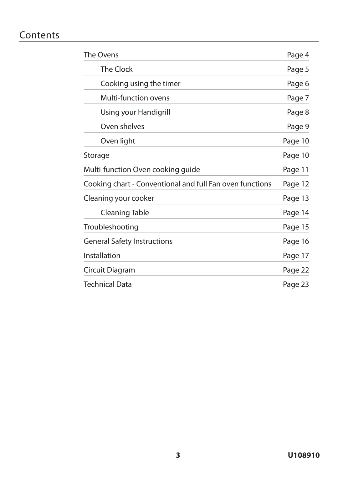 Rangemaster U108910-01 manual Contents 