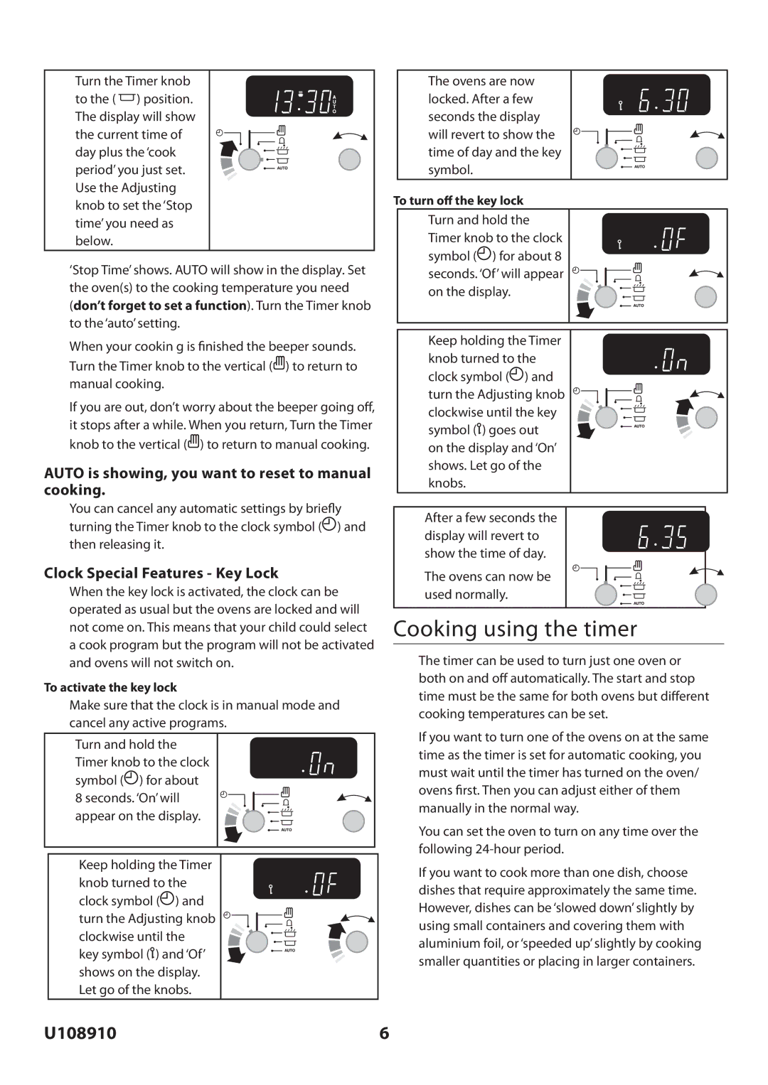 Rangemaster U108910-01 manual Cooking using the timer, Ovens can now be used normally 