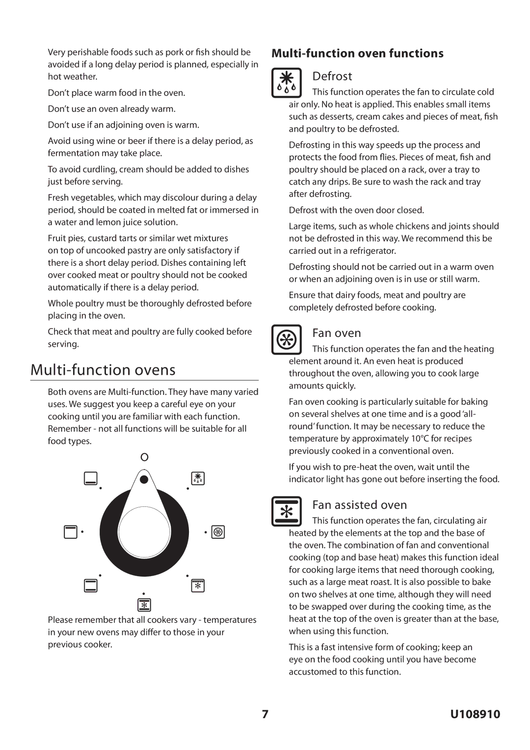 Rangemaster U108910-01 manual Multi-function ovens, Multi-function oven functions 