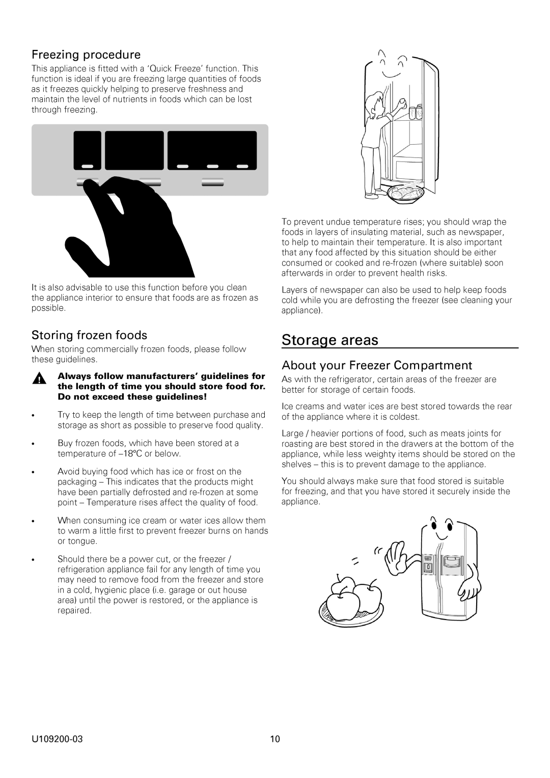 Rangemaster U109200-03 manual Storage areas, Freezing procedure, Storing frozen foods, About your Freezer Compartment 