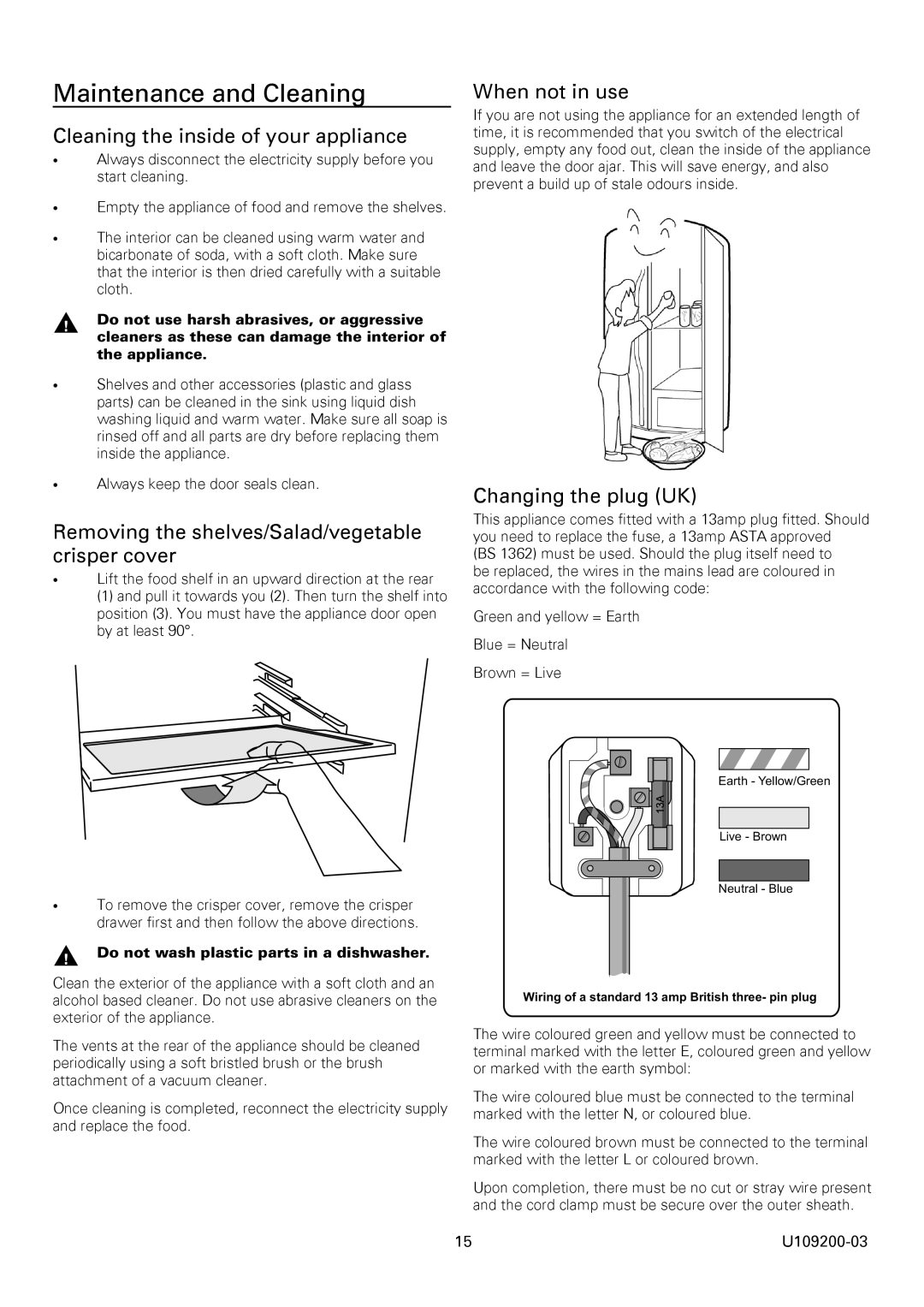 Rangemaster U109200-03 manual Maintenance and Cleaning, Cleaning the inside of your appliance, When not in use 