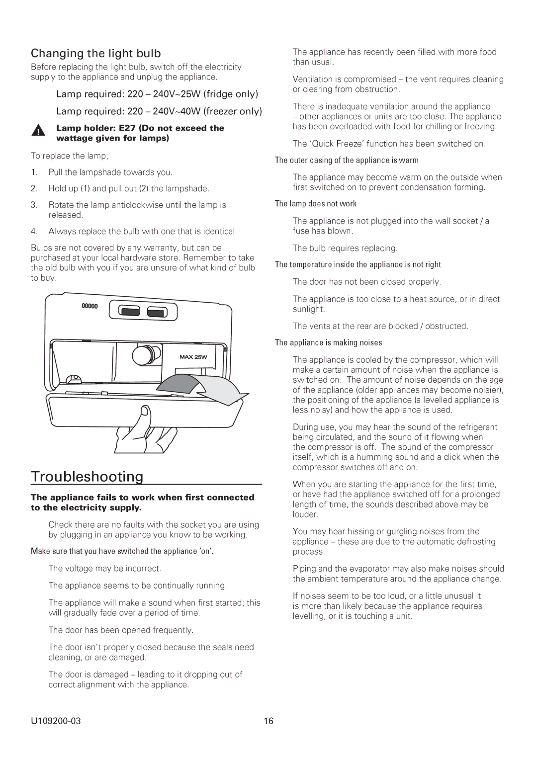 Rangemaster U109200-03 manual Troubleshooting, Changing the light bulb 