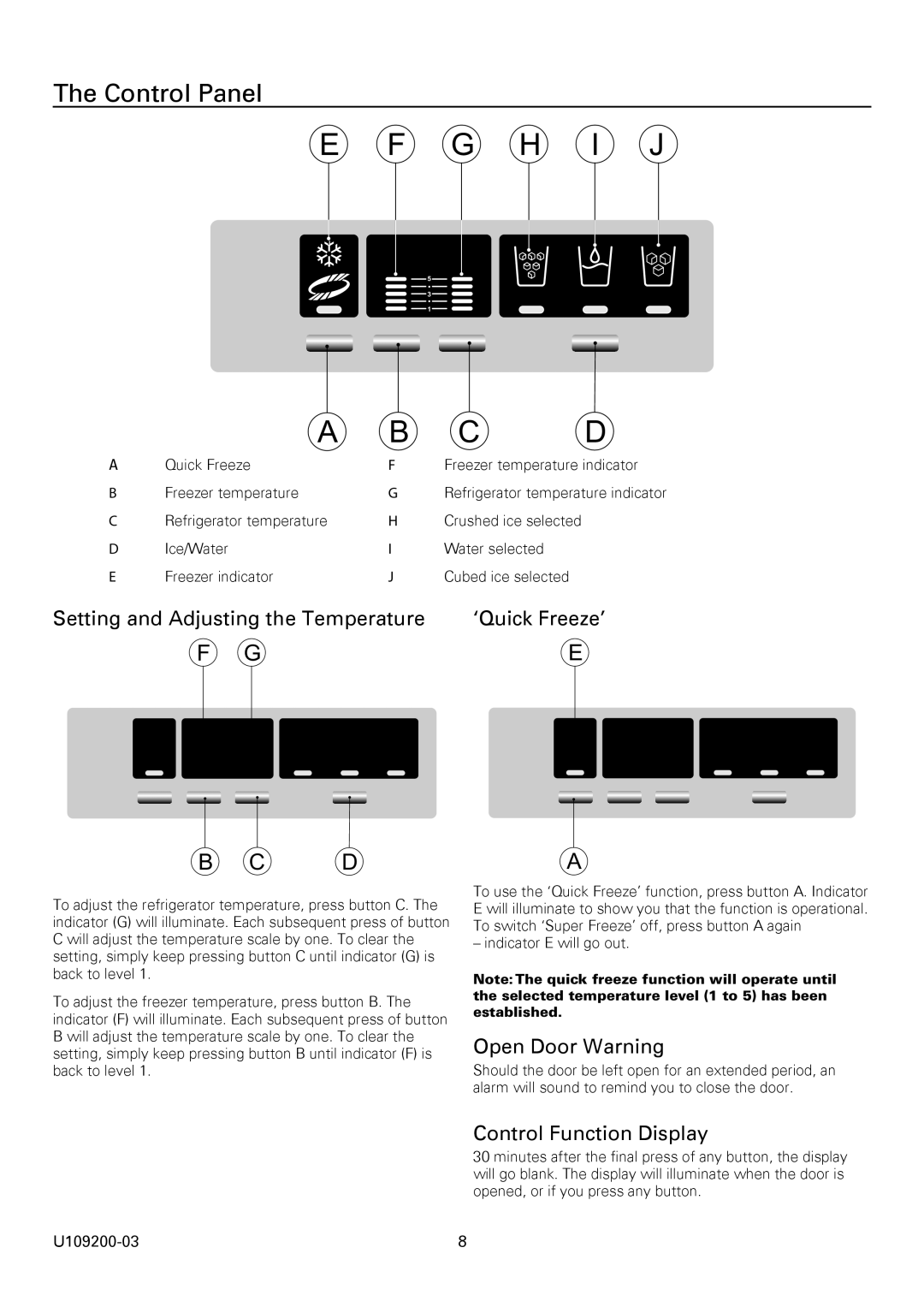 Rangemaster U109200-03 manual Control Panel, Setting and Adjusting the Temperature ‘Quick Freeze’, Open Door Warning 