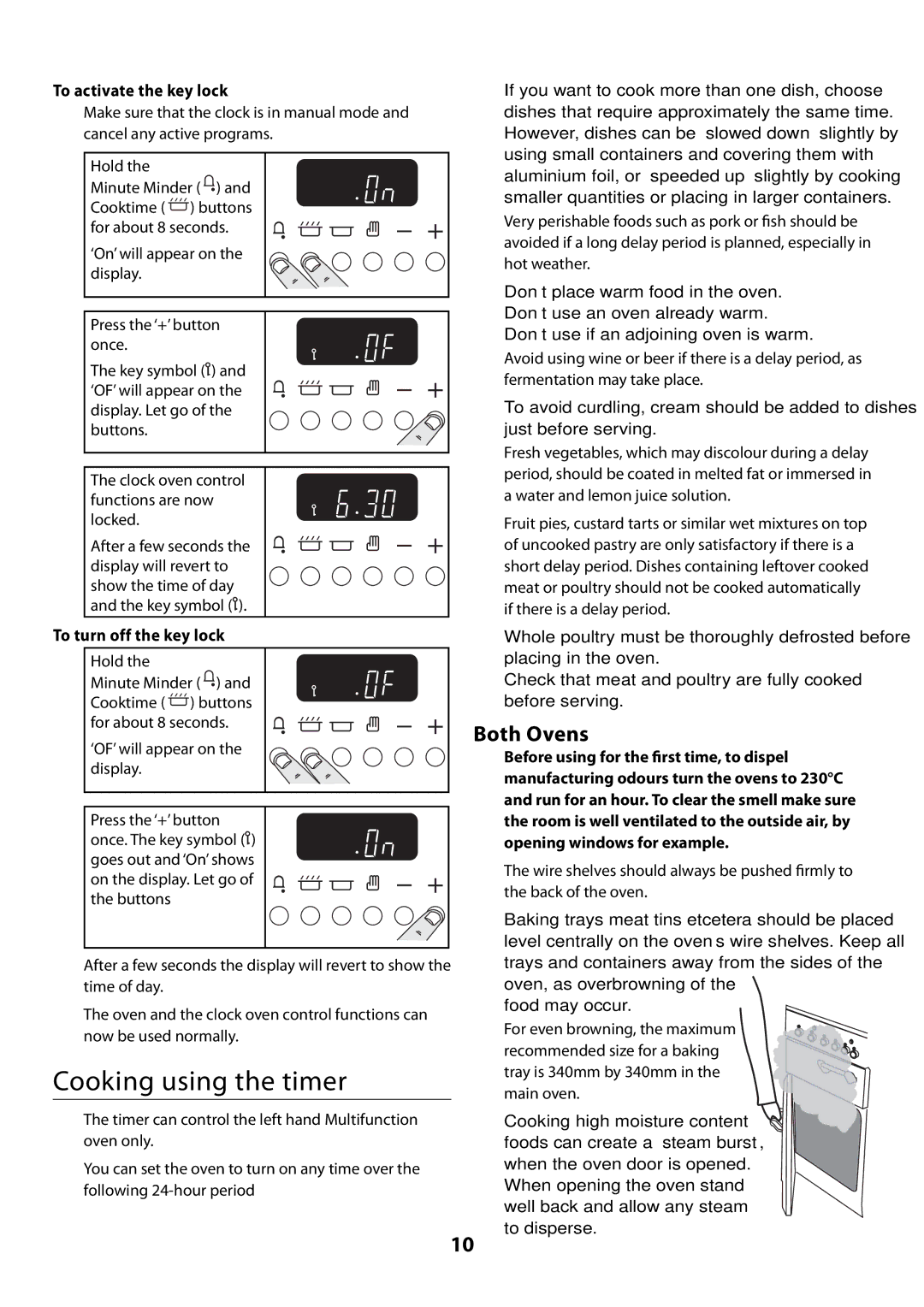 Rangemaster U109300 - 01 manual Cooking using the timer, Both Ovens, To activate the key lock, To turn off the key lock 