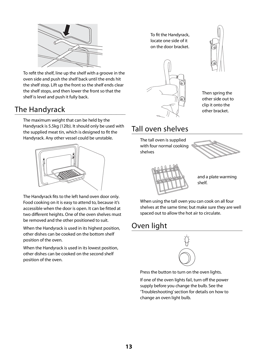Rangemaster U109300 - 01 manual Handyrack, Tall oven shelves, Oven light 