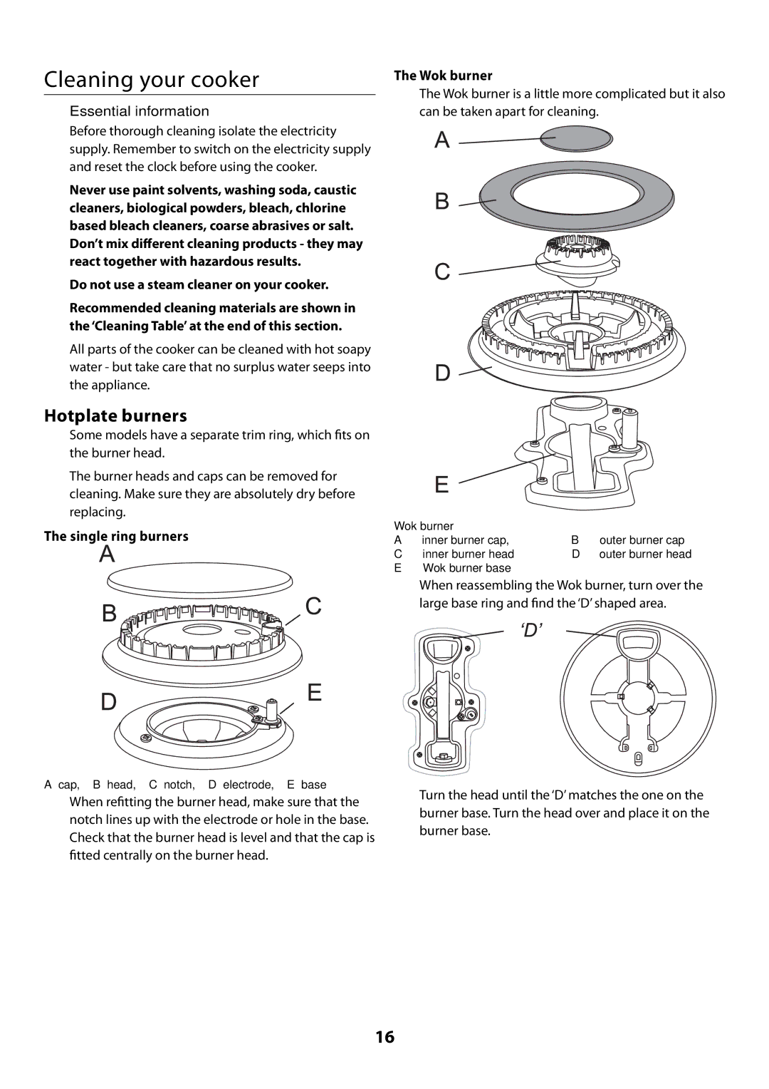 Rangemaster U109300 - 01 manual Cleaning your cooker, Hotplate burners, Single ring burners Wok burner 