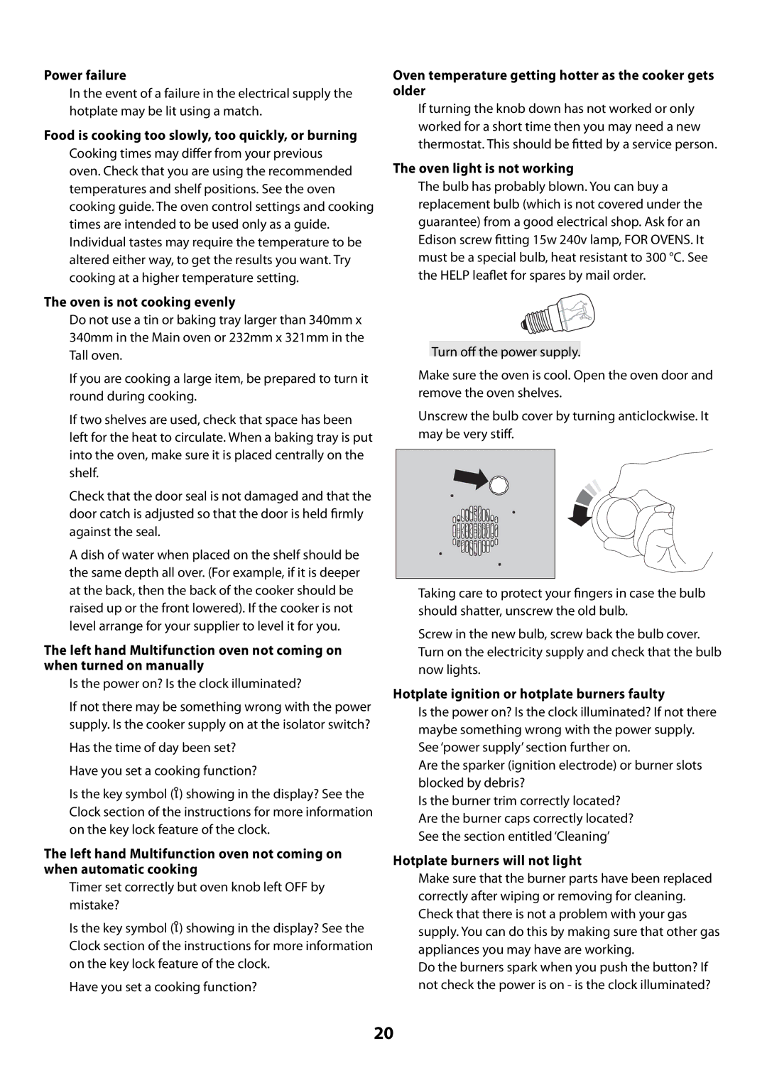 Rangemaster U109300 - 01 Power failure, Food is cooking too slowly, too quickly, or burning, Oven is not cooking evenly 