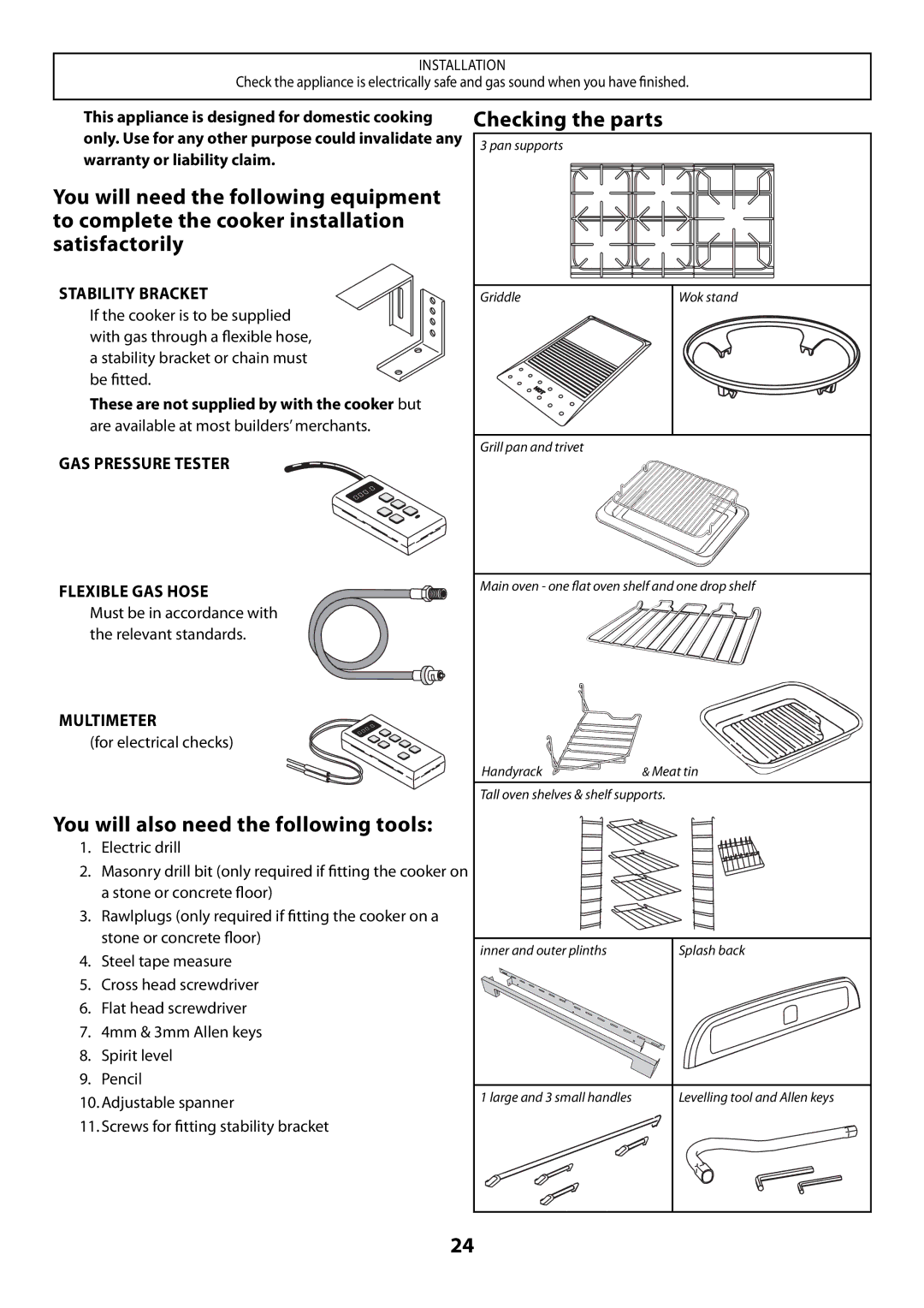 Rangemaster U109300 - 01 manual You will also need the following tools, Checking the parts 