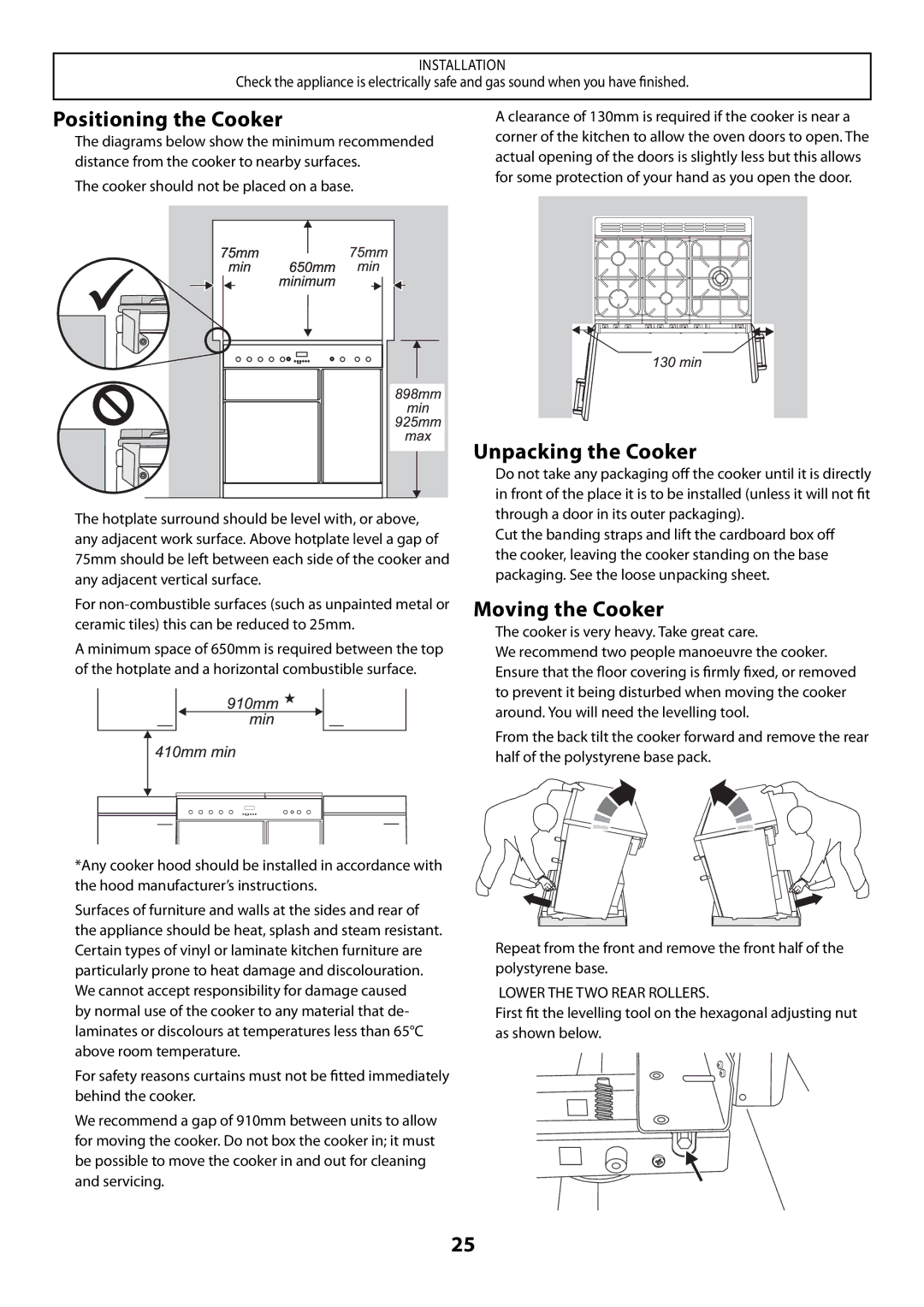 Rangemaster U109300 - 01 manual Positioning the Cooker, Unpacking the Cooker, Moving the Cooker 